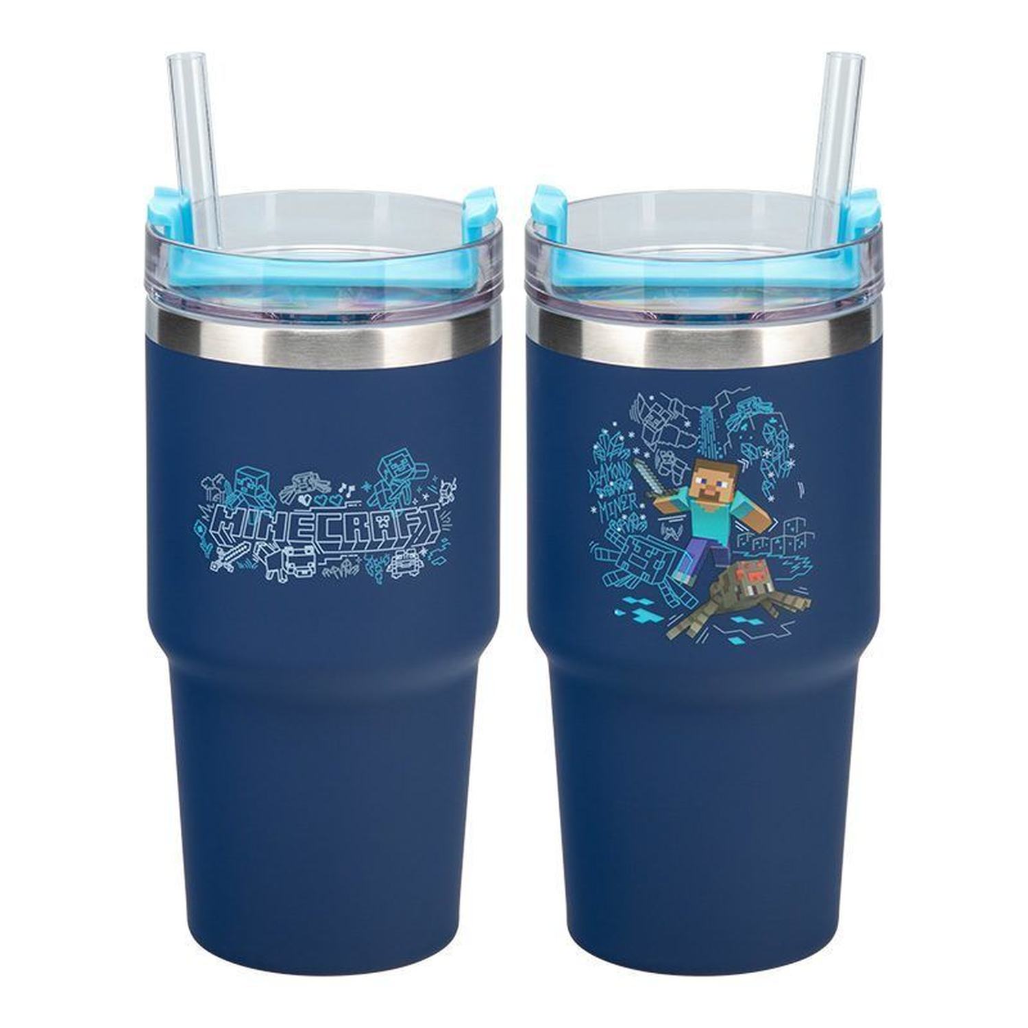 Two blue Minecraft tumblers with straws. One shows the logo, the other a character with a sword and monster.