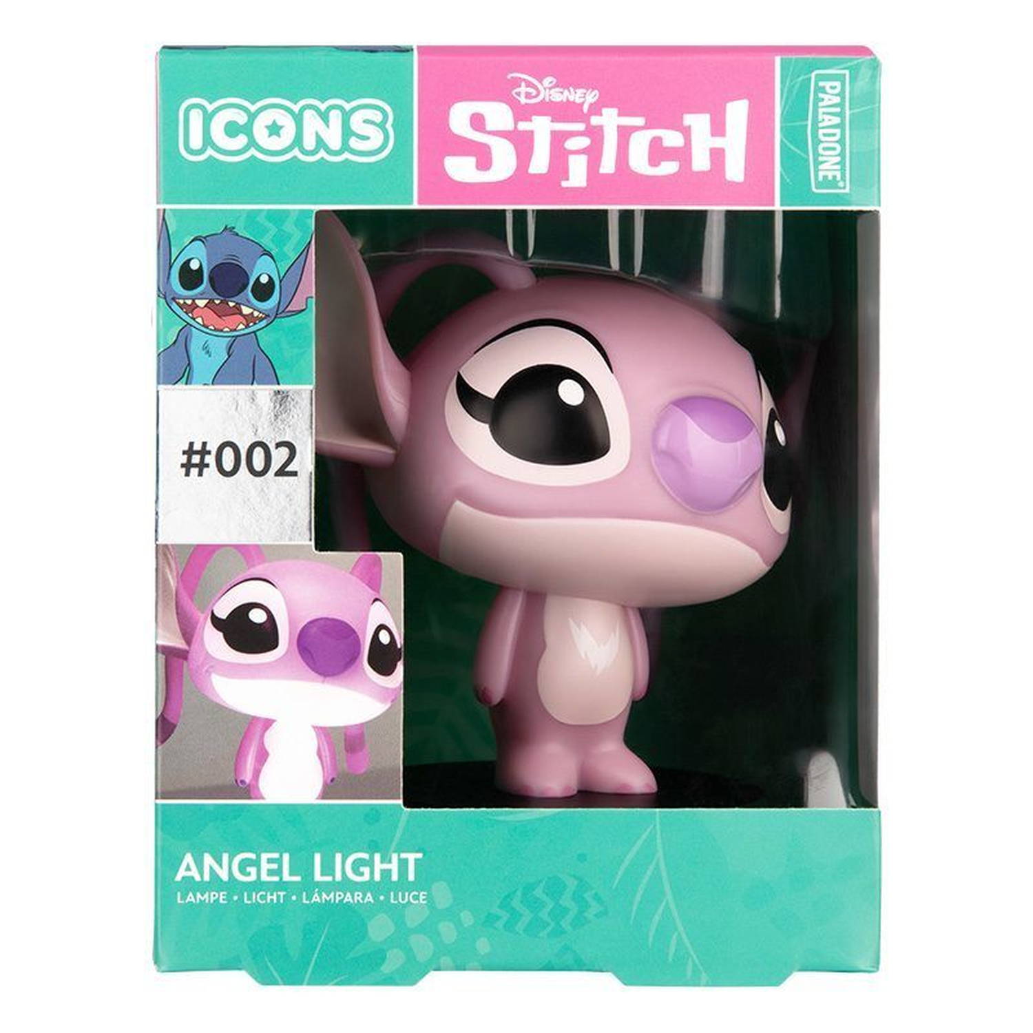 Disney Angel Light figuur in doos. Het figuur is roze met paarse accenten. De doos heeft Stitch en Angel afbeeldingen.