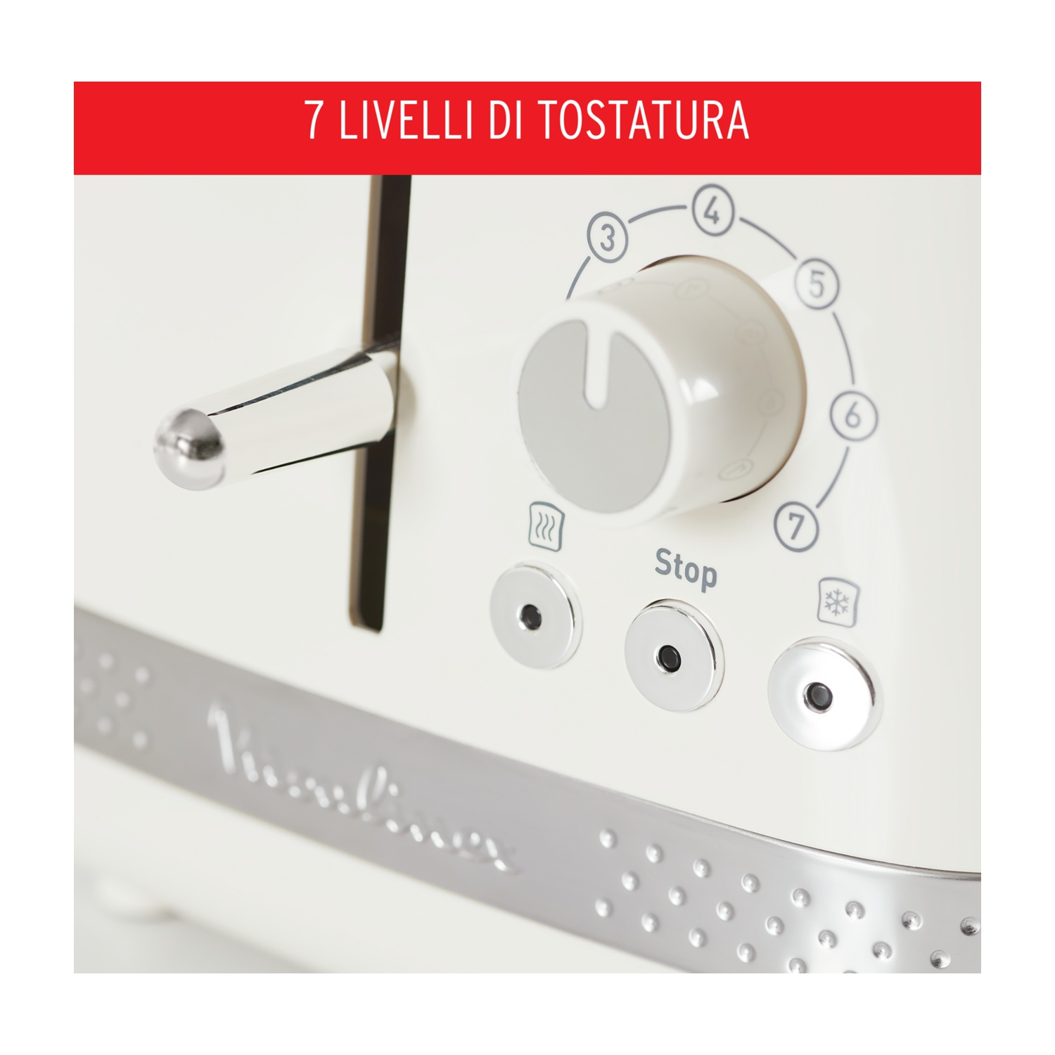Primo piano di un tostapane con corpo bianco. Ha un quadrante con numeri, pulsanti e una leva. Il testo dice '7 livelli di tostatura'.