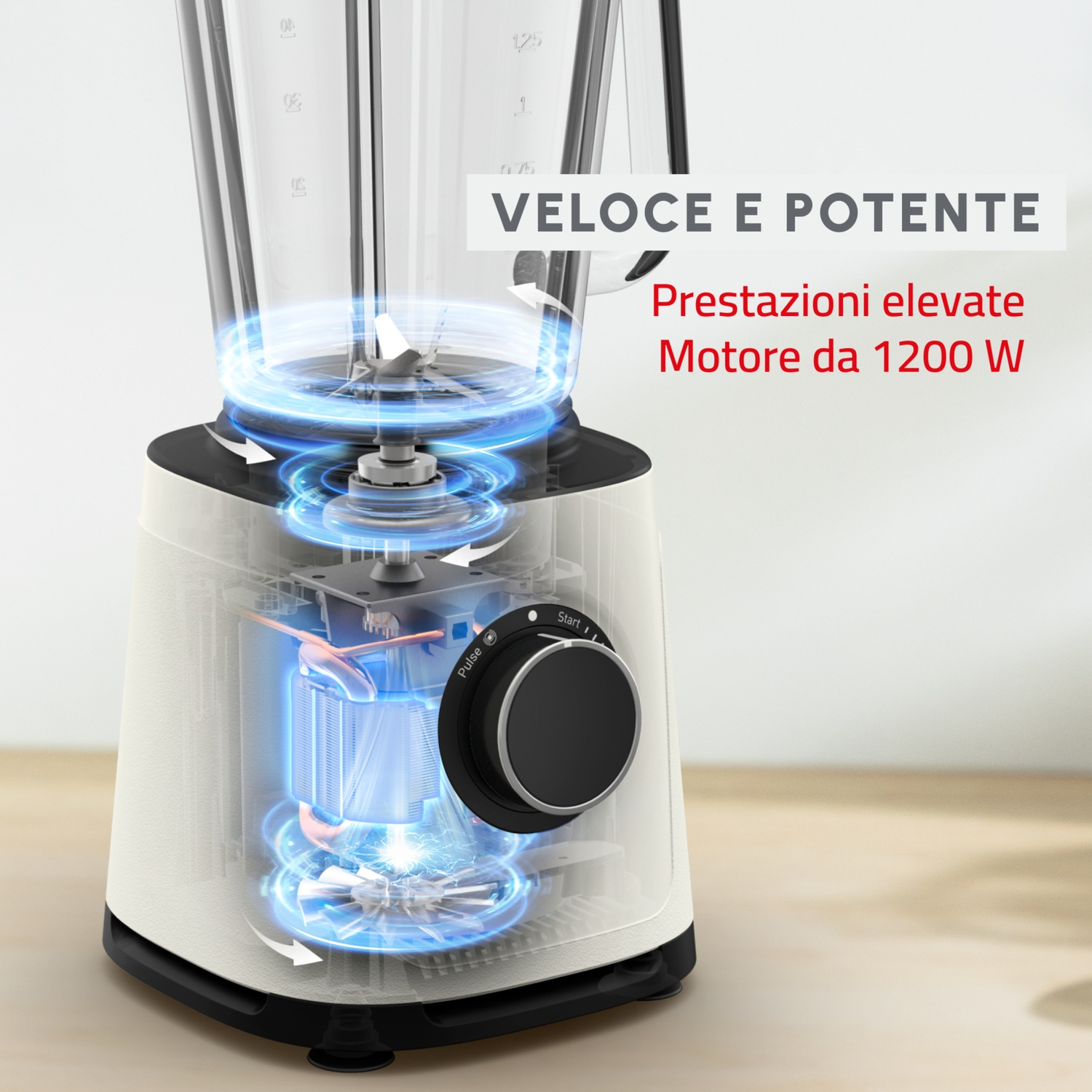 Un frullatore bianco con caraffa trasparente. Mostra il funzionamento interno, con testo 'VELOCE E POTENTE' e specifiche come '1200 W'.