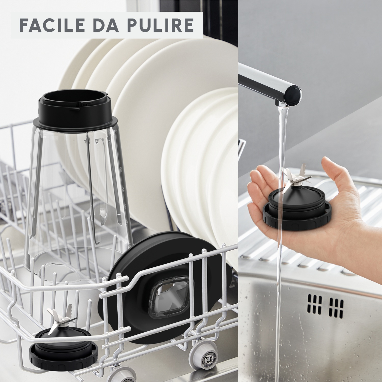 Un frullatore con base nera e bicchiere trasparente è in lavastoviglie. Una mano tiene la lama del frullatore sotto l'acqua corrente.