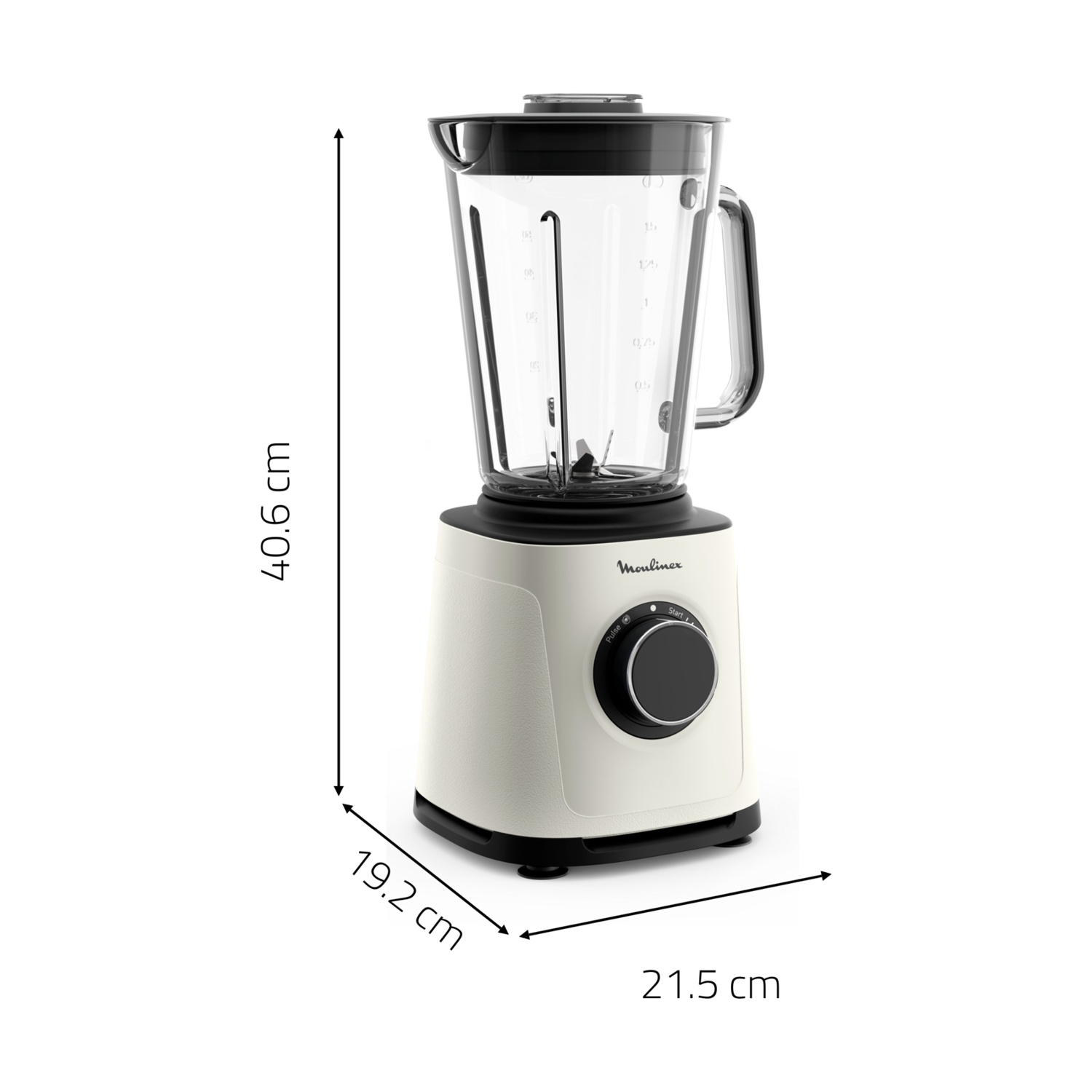 Un frullatore Moulinex con base color crema, caraffa trasparente, coperchio e manico neri. Dimensioni indicate. 40,6 cm di altezza, 19,2 cm di larghezza e 21,5 cm di lunghezza.
