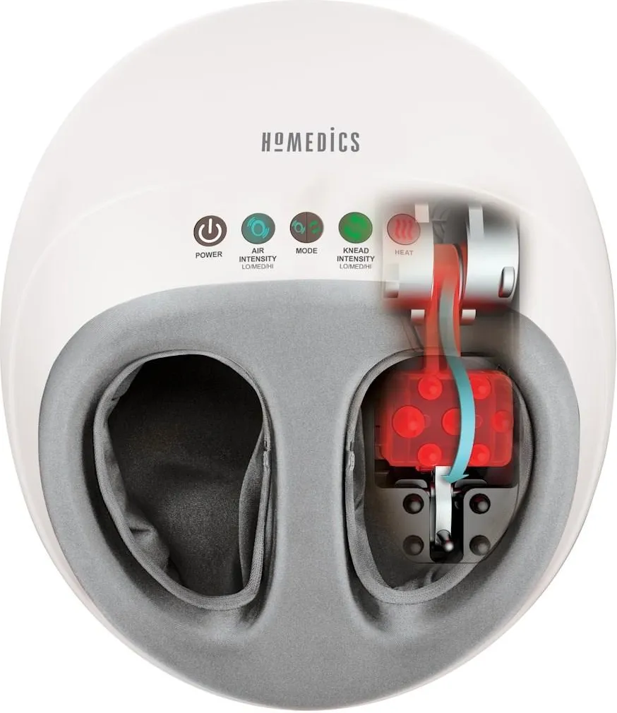 Biało-szary masażer do stóp z przyciskami, przekrojem pokazującym elementy wewnętrzne i czerwonym obszarem grzewczym oraz nazwą marki.