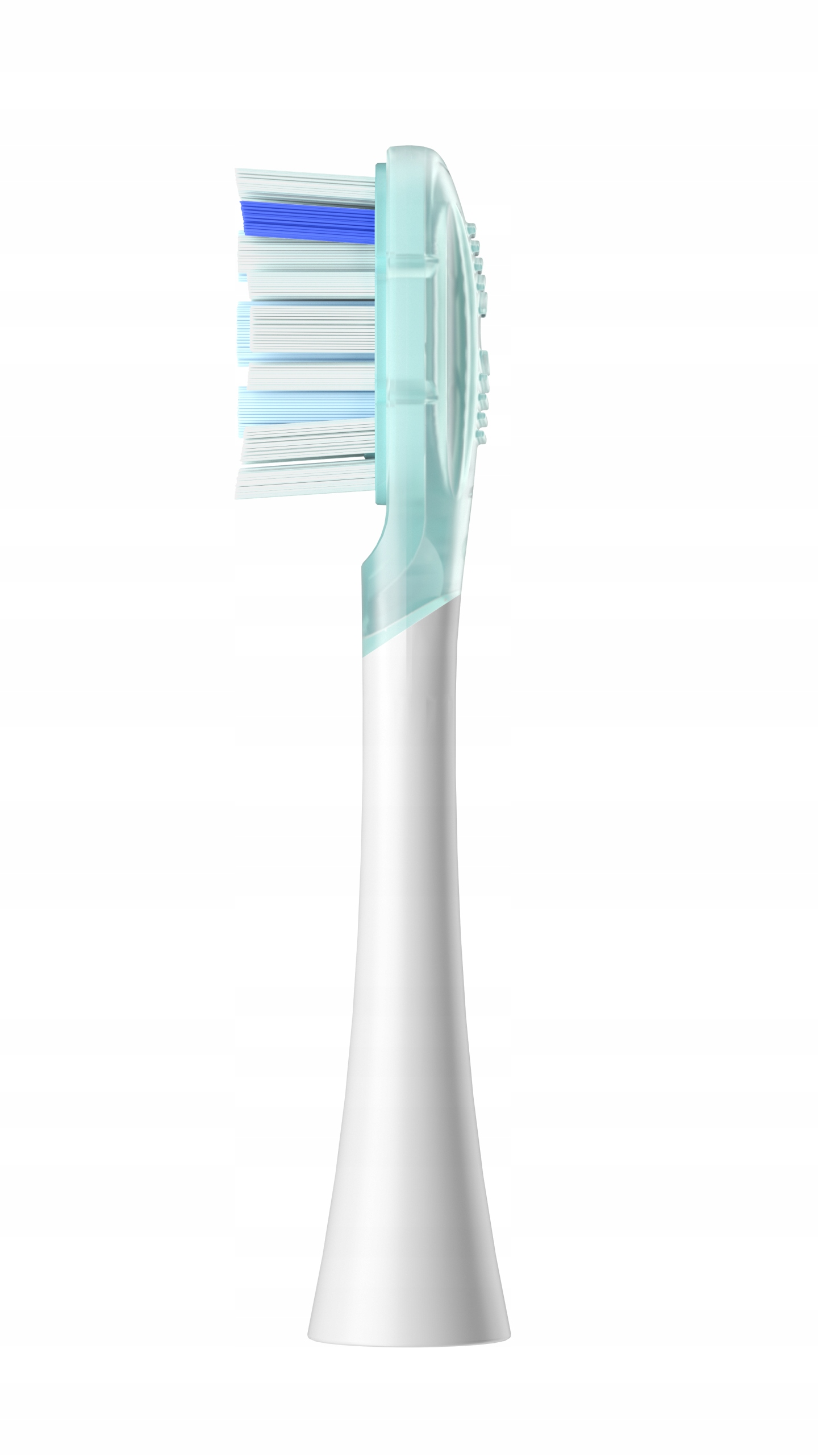 Zbliżenie główki szczoteczki do zębów. Ma białe i niebieskie włosie, jasnoniebieski plastik i białą rączkę.