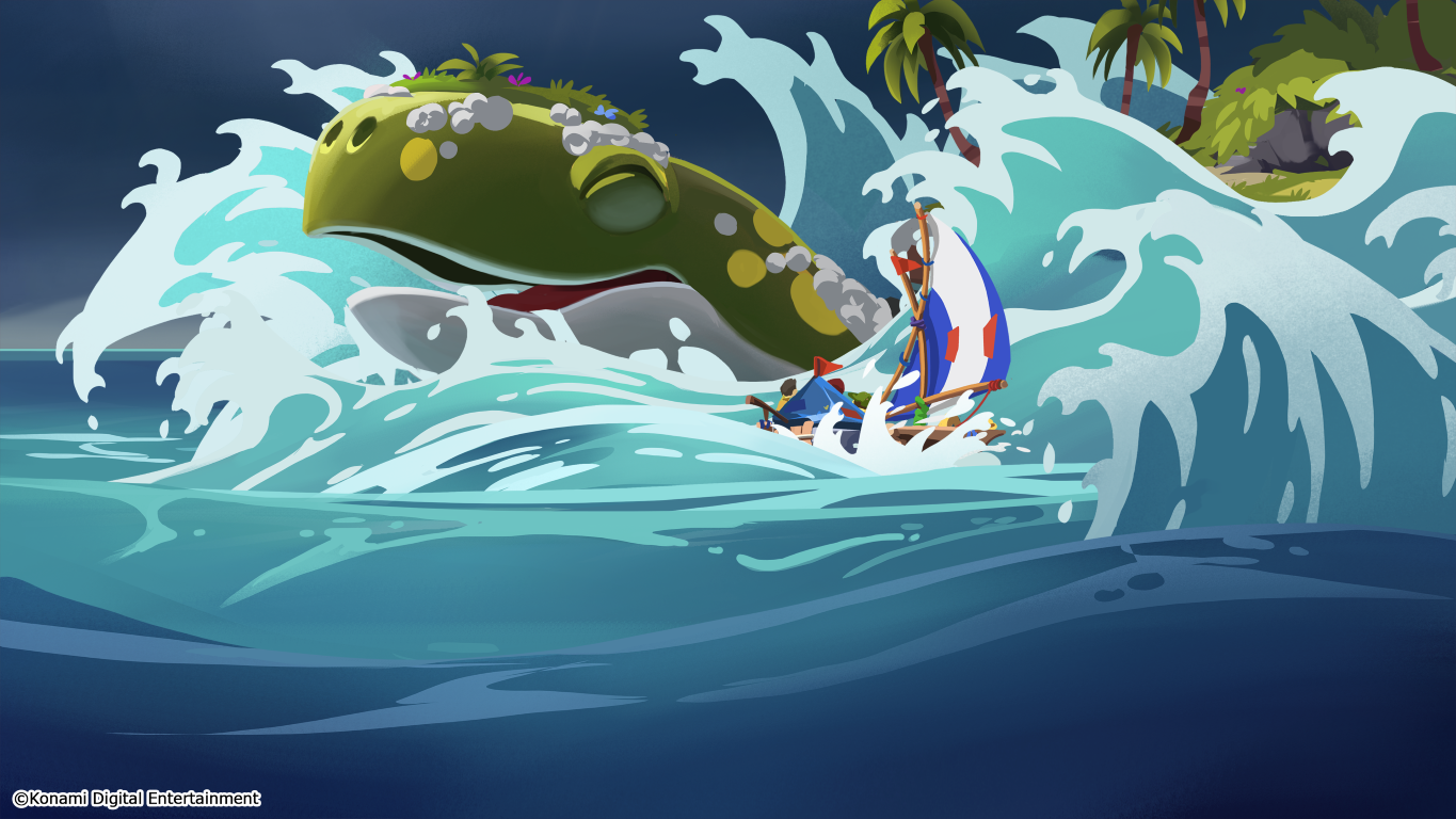 Mała łódka płynie przez duże fale, naprzeciwko gigantycznego żółwia morskiego. W tle widoczna jest tropikalna wyspa.