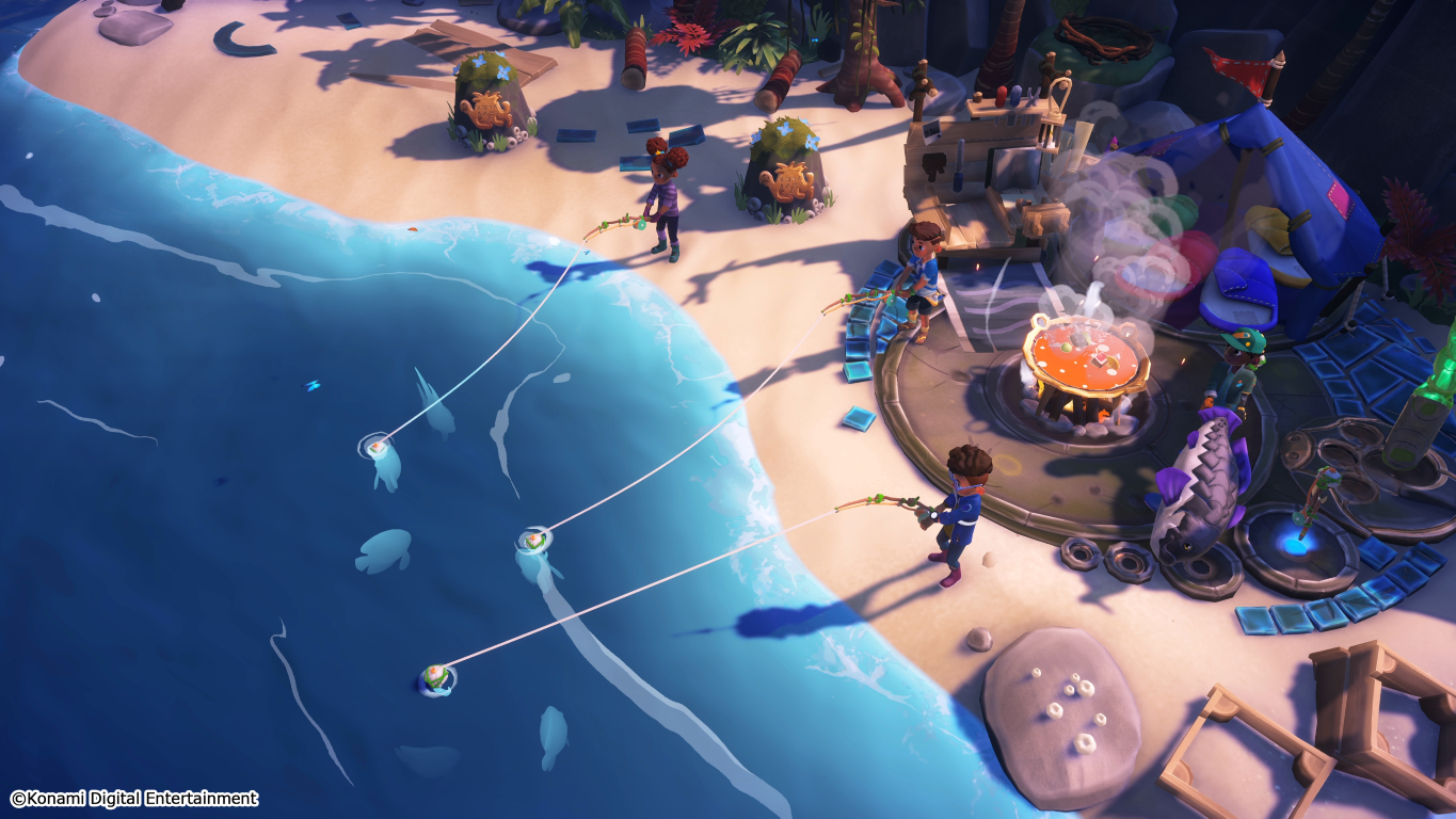 Scena z kreskówki z plażą z ludźmi łowiącymi ryby. W pobliżu płonie ognisko, widoczny jest namiot. Ryby pływają w wodzie.