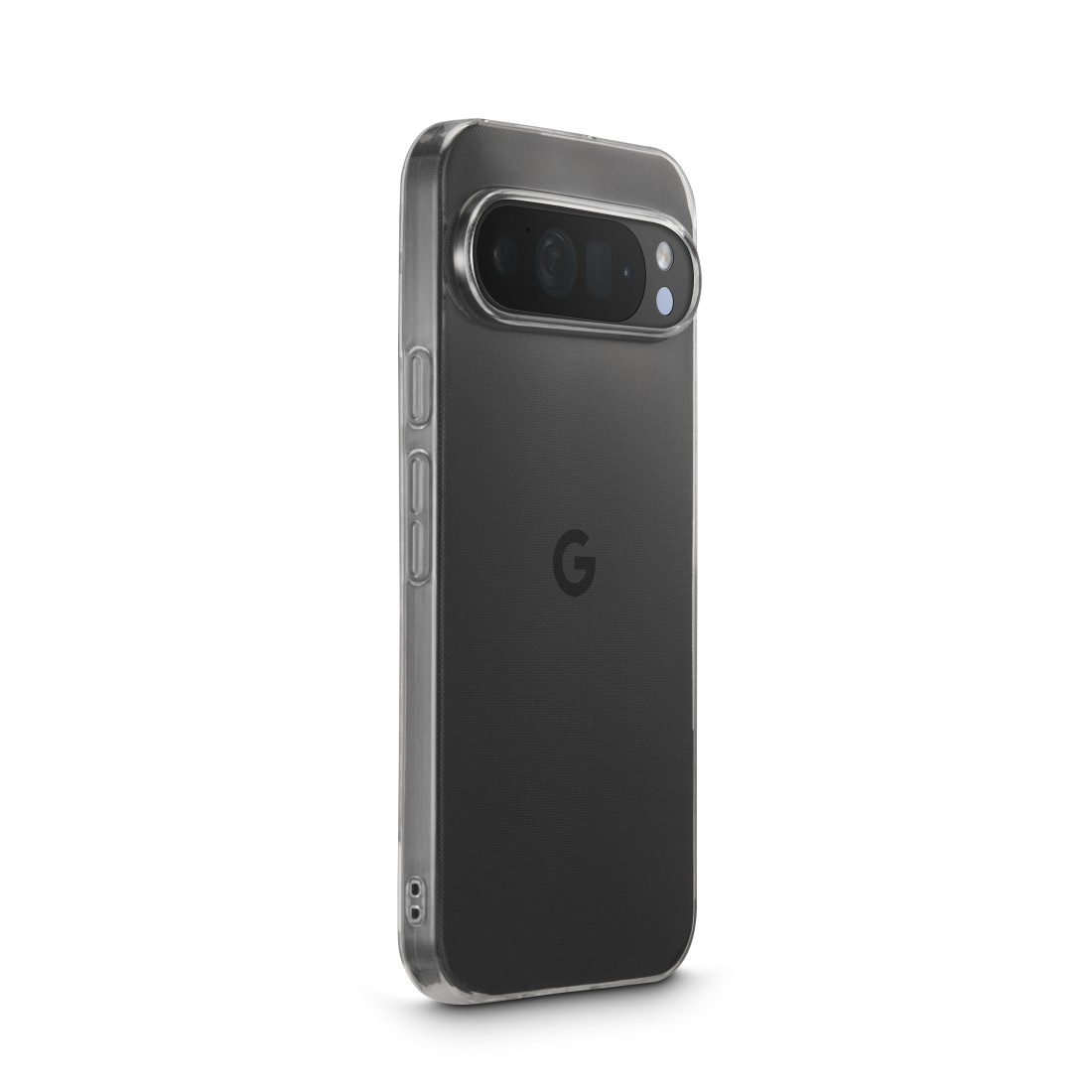 Eine transparente Handyhülle auf einem schwarzen Telefon. Das Google-Logo ist sichtbar. Das Telefon befindet sich auf weißem Hintergrund.