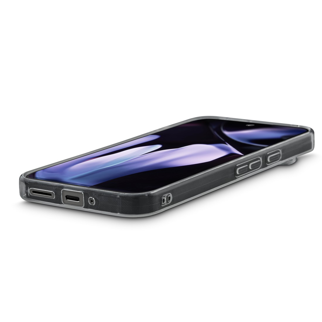 Ein Smartphone in einer transparenten Hülle, leicht angewinkelt. Der Bildschirm zeigt ein dunkles, abstraktes Bild. Der Rahmen ist dunkelgrau.