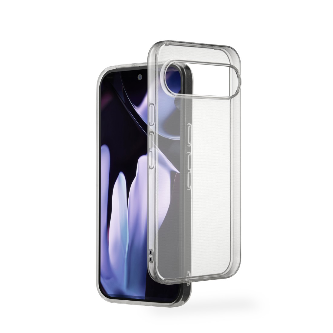 Ein Smartphone mit einer durchsichtigen Schutzhülle. Das Telefon zeigt ein abstraktes Design in Lila und Weiß.