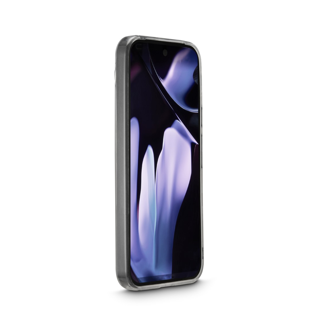 Ein Smartphone in einer transparenten Hülle. Auf dem Bildschirm ist ein buntes abstraktes Design zu sehen. Das Telefon ist vor weißem Hintergrund abgewinkelt.