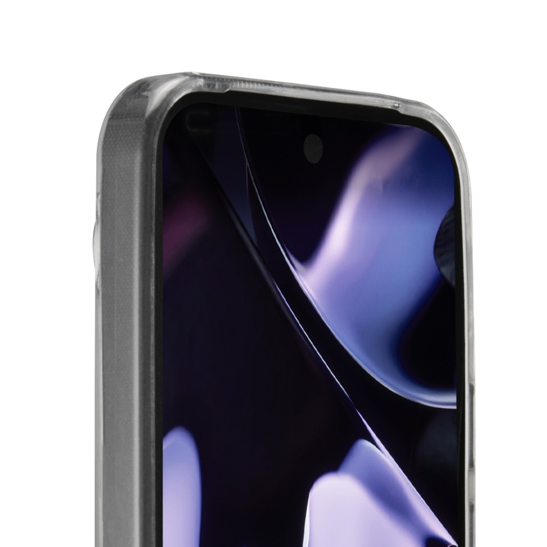 Nahaufnahme eines Smartphones mit transparentem Gehäuse. Der Bildschirm zeigt abstrakte lila und blaue Farben. Oben ist ein Licht zu sehen.