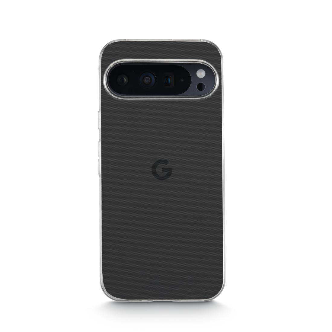 Eine transparente Handyhülle mit strukturiertem schwarzem Rücken. Das Telefon hat eine Kameraleiste und das Google-Logo, auf weißem Grund.