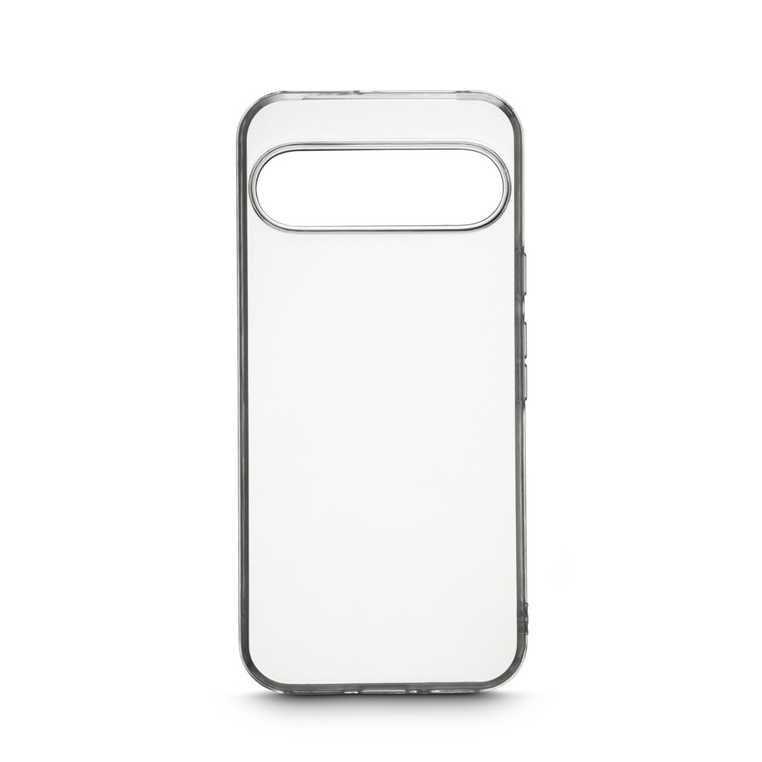 Eine transparente Handyhülle auf weißem Hintergrund. Sie hat eine rechteckige Form mit einem Kamera Loch und Knöpfen an der Seite.