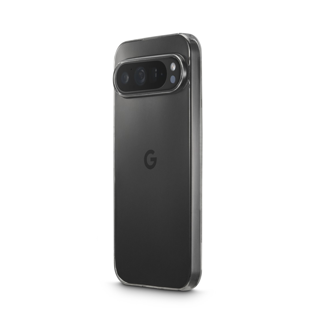 Ein schwarzes Google Pixel 7 Pro-Smartphone in einer transparenten Hülle. Das Telefon hat eine markante Kameraleiste und das Google 'G'-Logo.