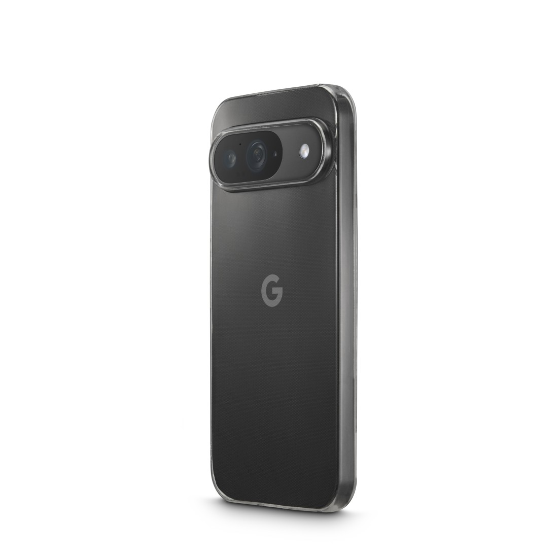 Ein schwarzes Google Pixel 7-Telefon in einer durchsichtigen Hülle, vor weißem Hintergrund. Das 'G'-Logo ist sichtbar.