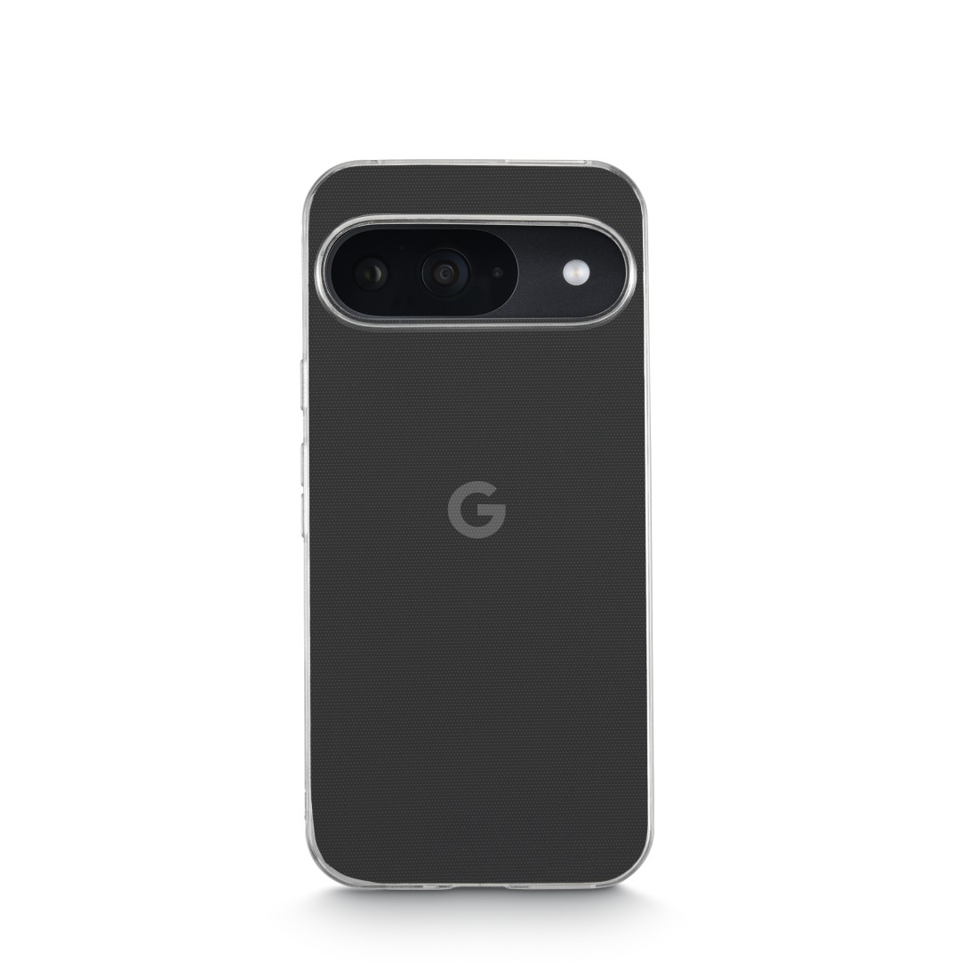Ein schwarzes Smartphone mit einer transparenten Hülle, mit Kamera, Blitz und dem Google-Logo. Isoliert auf weißem Hintergrund.