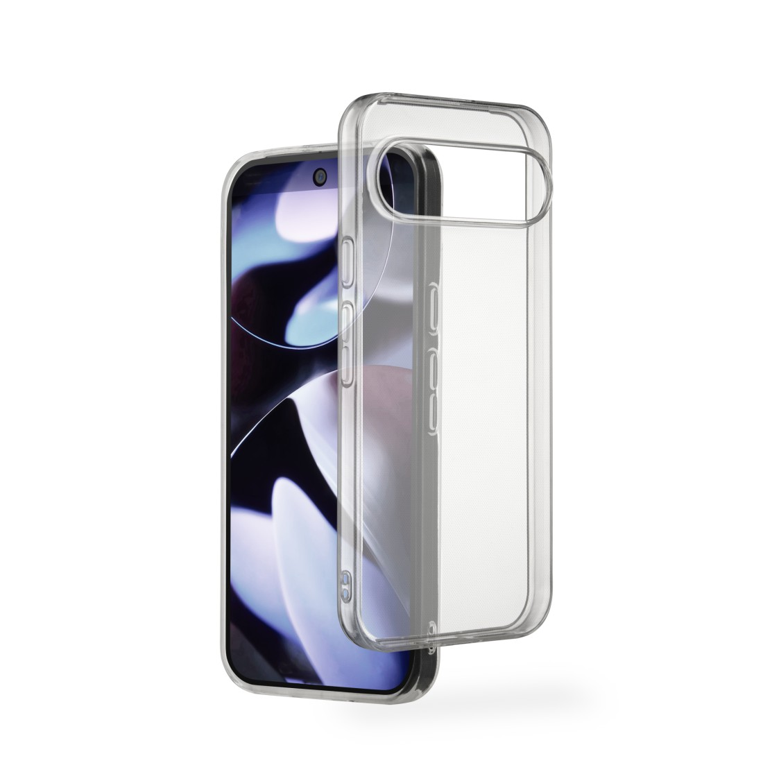 Ein Smartphone mit transparenter Hülle. Das Telefon zeigt ein Schwarz-Weiß-Bild. Die Hülle ist transparent und teilweise offen.