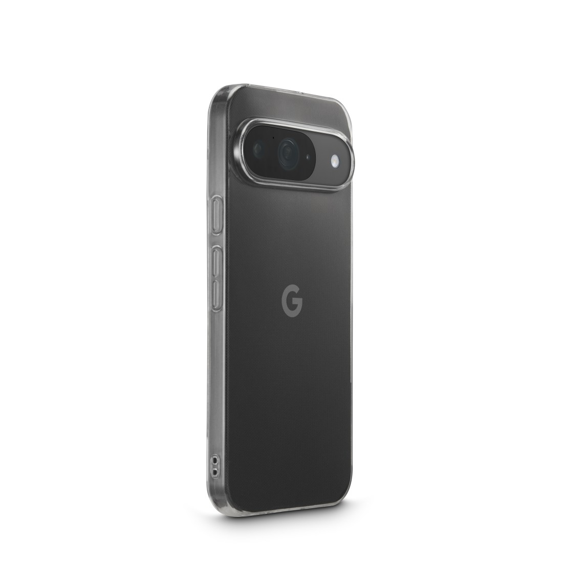 Eine transparente Handyhülle mit einem Google Pixel 7. Die Hülle hat einen Kameraausschnitt und Tastenabdeckungen. Das G-Logo ist sichtbar.