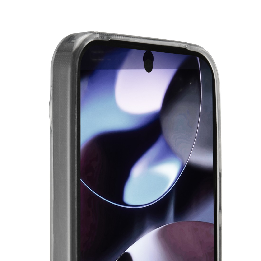 Nahaufnahme eines Smartphones in einer durchsichtigen Hülle. Der Bildschirm zeigt ein verschwommenes, farbenfrohes Bild.