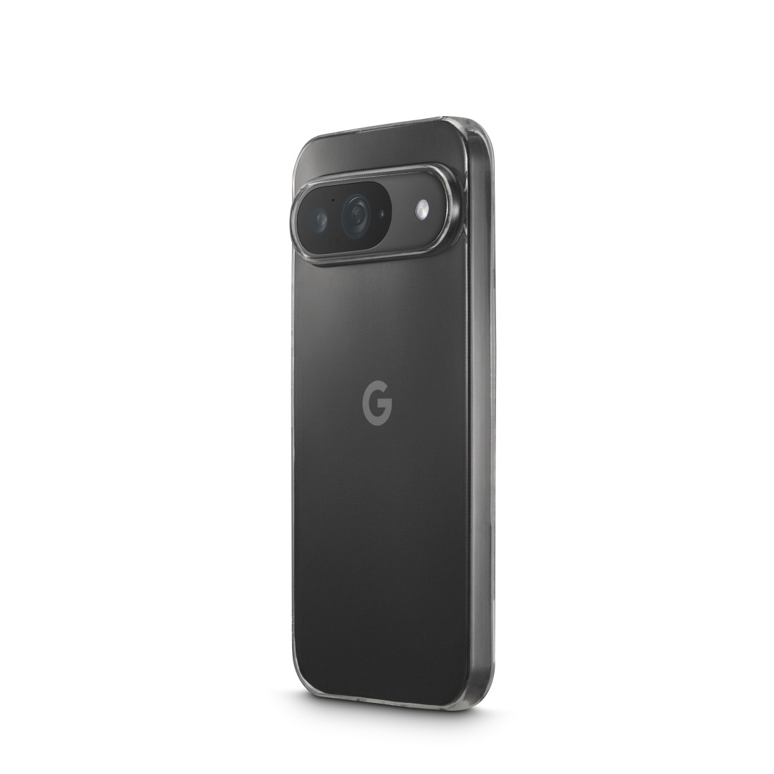 Ein schwarzes Google Pixel 7-Telefon in einer durchsichtigen Hülle. Es ist abgewinkelt und zeigt Kameralinsen und das 'G'-Logo.
