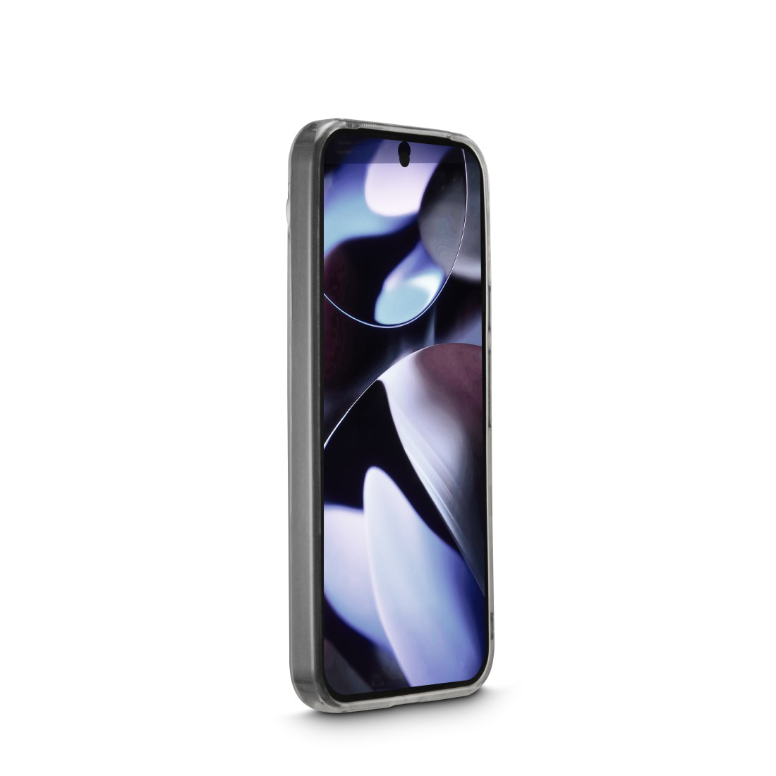 Ein Smartphone mit einem Bildschirm, der abstrakte Formen zeigt. Das Telefon hat eine graue Hülle und ist leicht angewinkelt, wodurch ein Schatten entsteht.