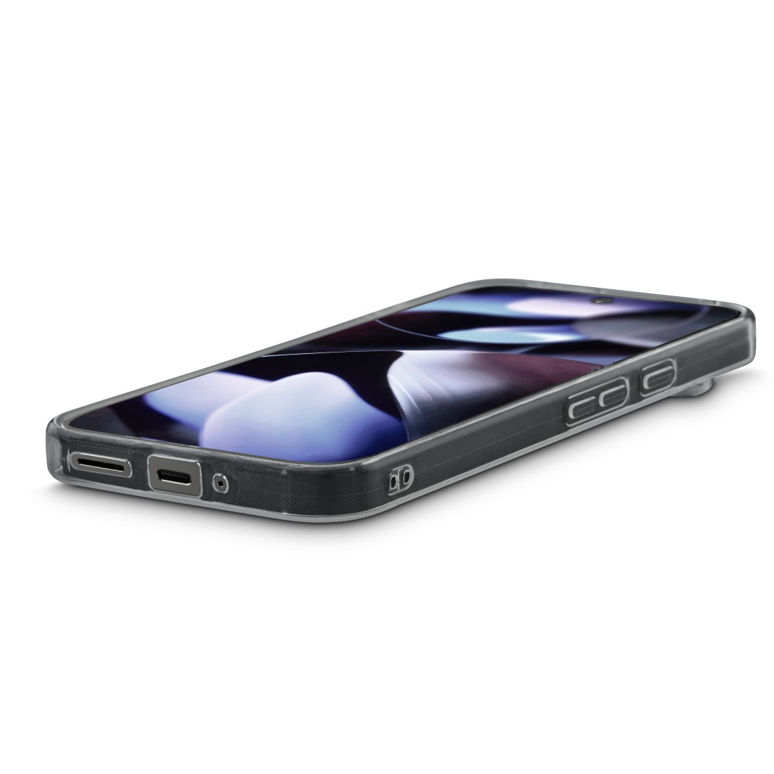 Ein Smartphone in einer transparenten Hülle liegt diagonal auf einer weißen Oberfläche. Der Bildschirm zeigt ein verschwommenes Bild.