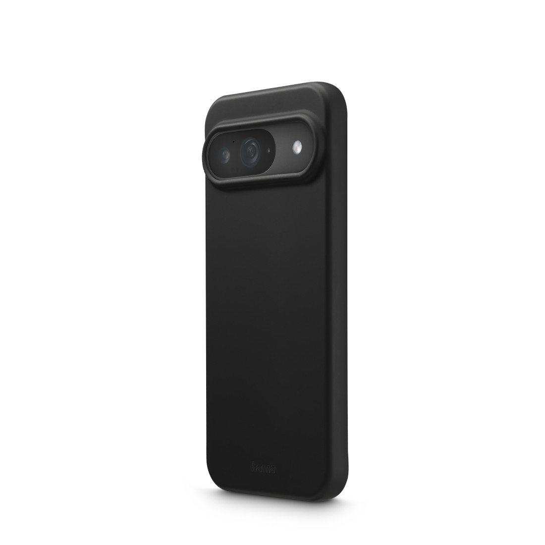 Schwarze Handyhülle mit Kameraausschnitt auf weißem Hintergrund. Die Hülle bedeckt ein Smartphone.