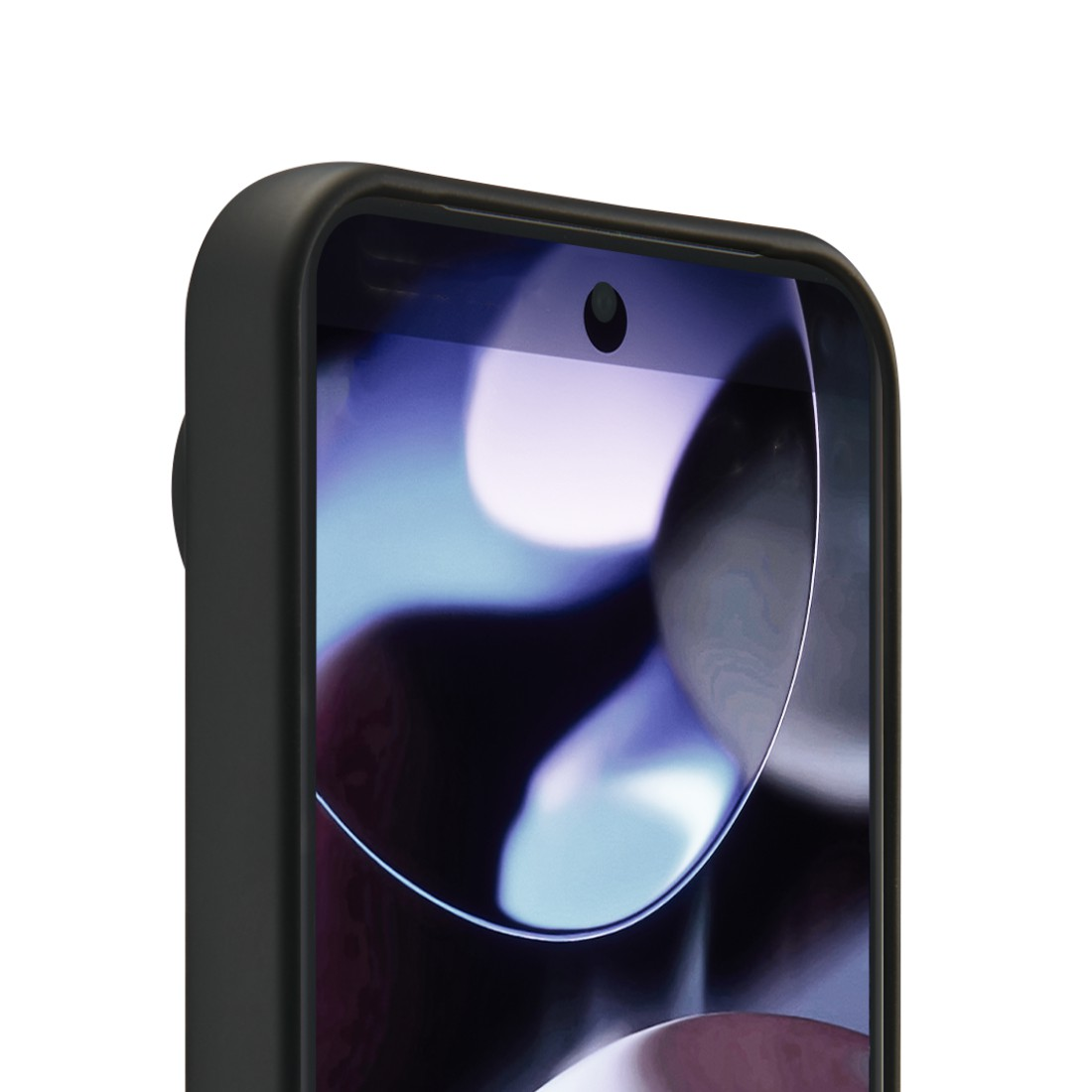 Nahaufnahme der Oberkante eines Smartphones. Schwarzes Gehäuse, Bildschirm mit abstrakten blauen und weißen Formen. Frontkamera sichtbar.