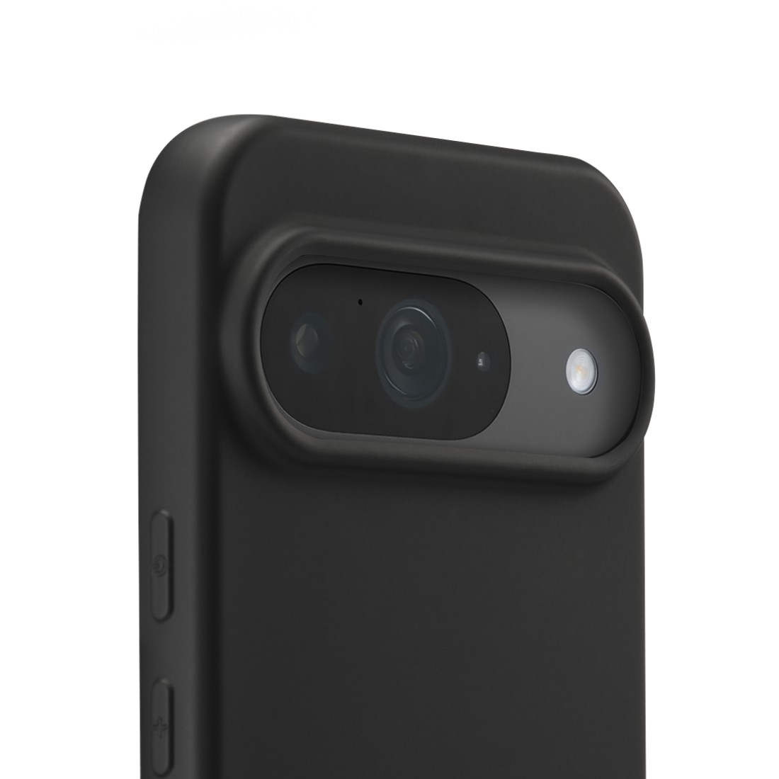 Nahaufnahme eines schwarzen Smartphones. Das Kameramodul ist prominent und weist Linsen und einen Blitz auf. Die Handyhülle ist ebenfalls schwarz.
