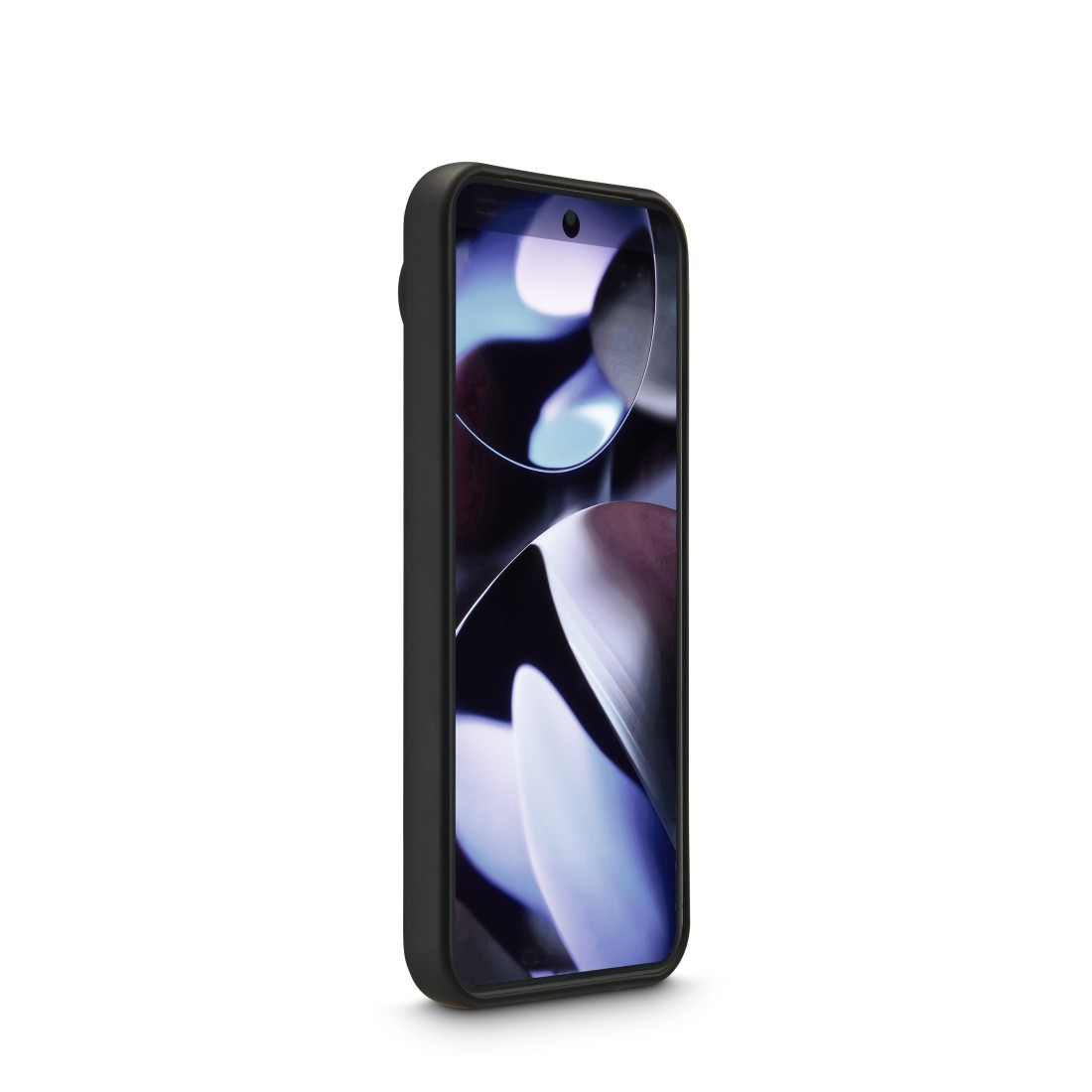 Ein schwarzes Smartphone, leicht angewinkelt, zeigt ein abstraktes Bild. Das Telefon steht vor weißem Hintergrund.