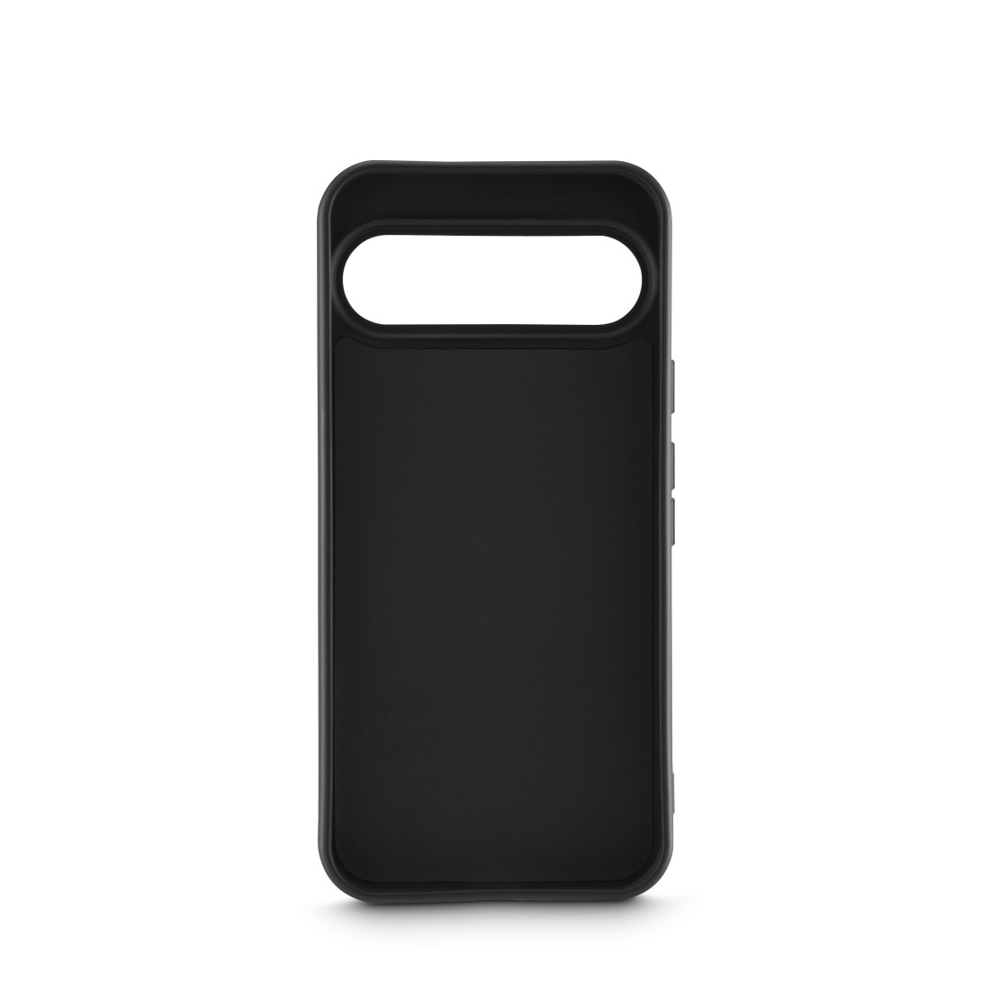 Eine schwarze Handyhülle ist auf weißem Hintergrund isoliert. Sie hat eine große Öffnung für die Kamera und Knöpfe an der Seite.