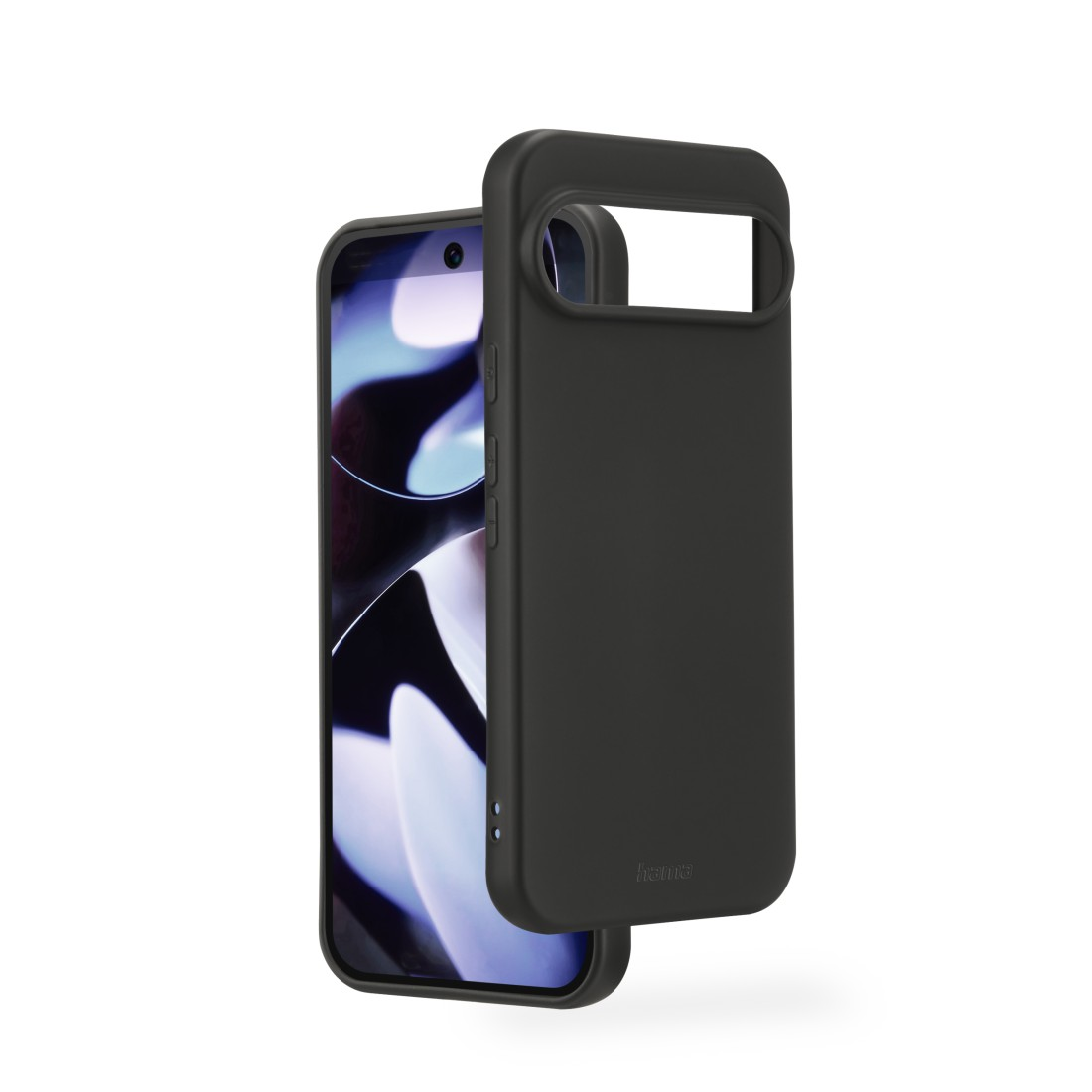 Eine schwarze Handyhülle neben einem Smartphone. Der Bildschirm zeigt ein abstraktes blaues und weißes Bild. Die Hülle ist offen.