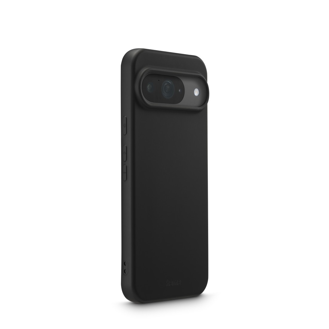 Eine schwarze Handyhülle mit Kameralinse auf weißem Hintergrund. Die Hülle bedeckt das Telefon und hat eine Kamerawölbung.