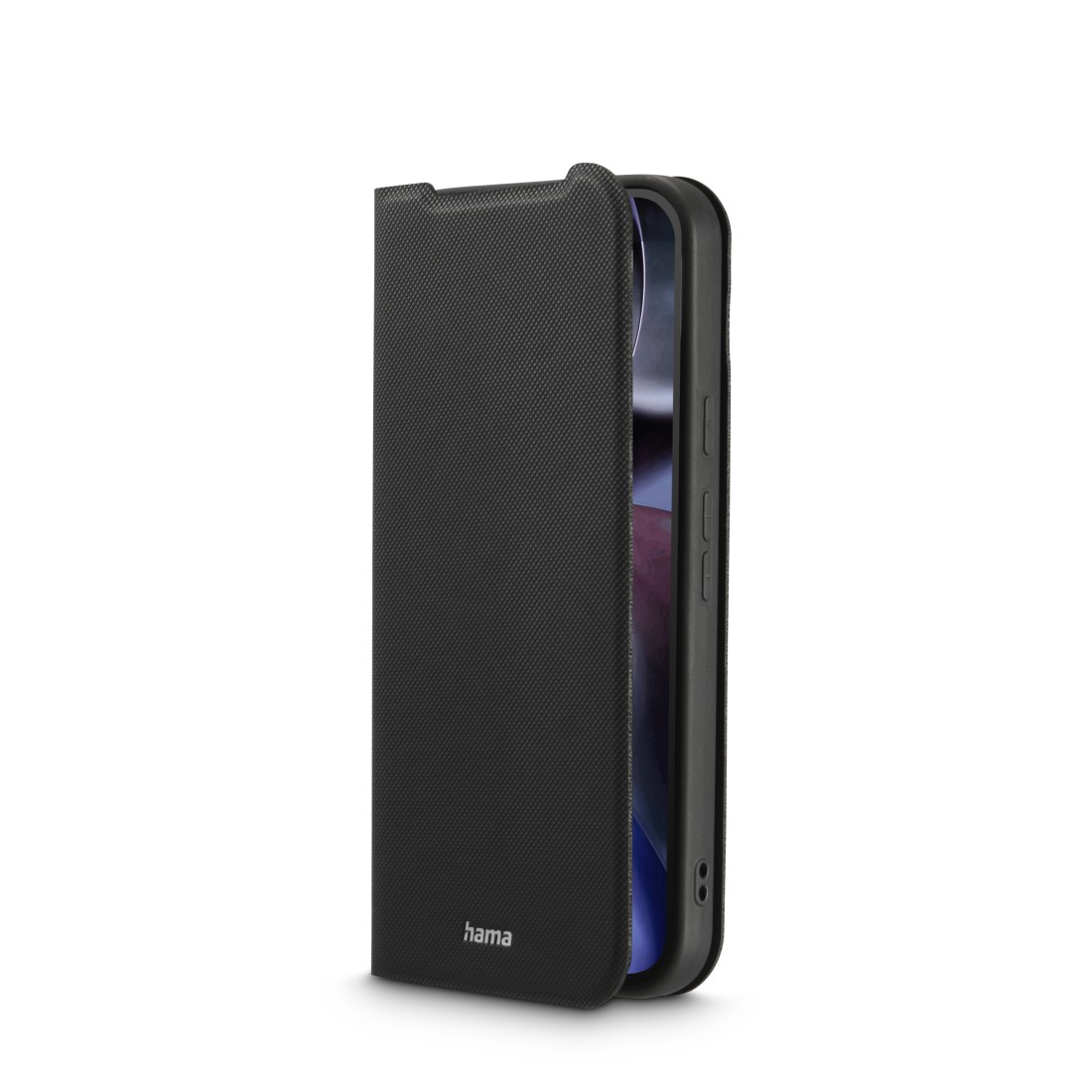 Eine schwarze Handyhülle ist leicht geöffnet und zeigt einen Telefonbildschirm. Der Markenname "hama" ist unten sichtbar.