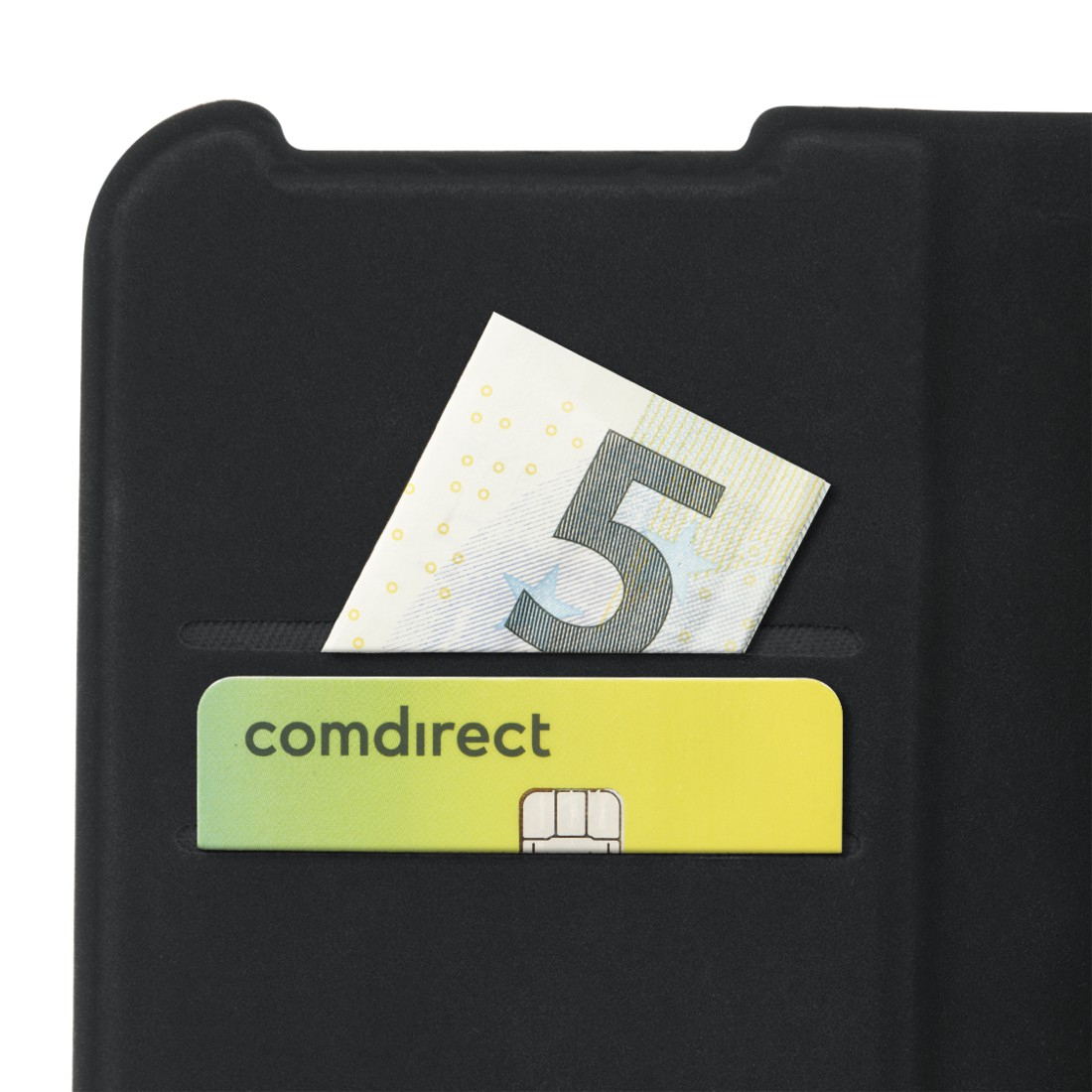 Schwarze Handyhülle mit einem 5-Euro-Schein und einer 'comdirect'-Karte in der Tasche.