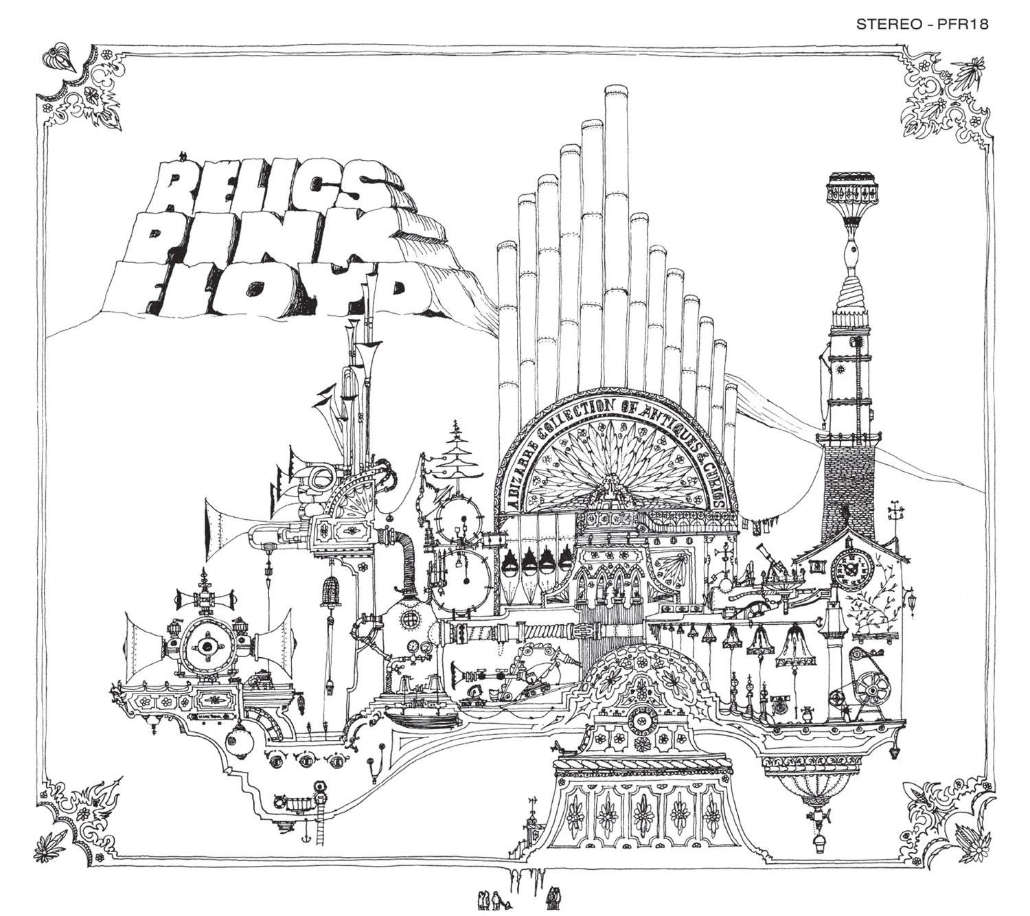 Fekete-fehér művészeti alkotás egy fantasztikus gépről, csövekkel, fogaskerekekkel és óratornyokkal, "Relics Pink Floyd" felirattal.