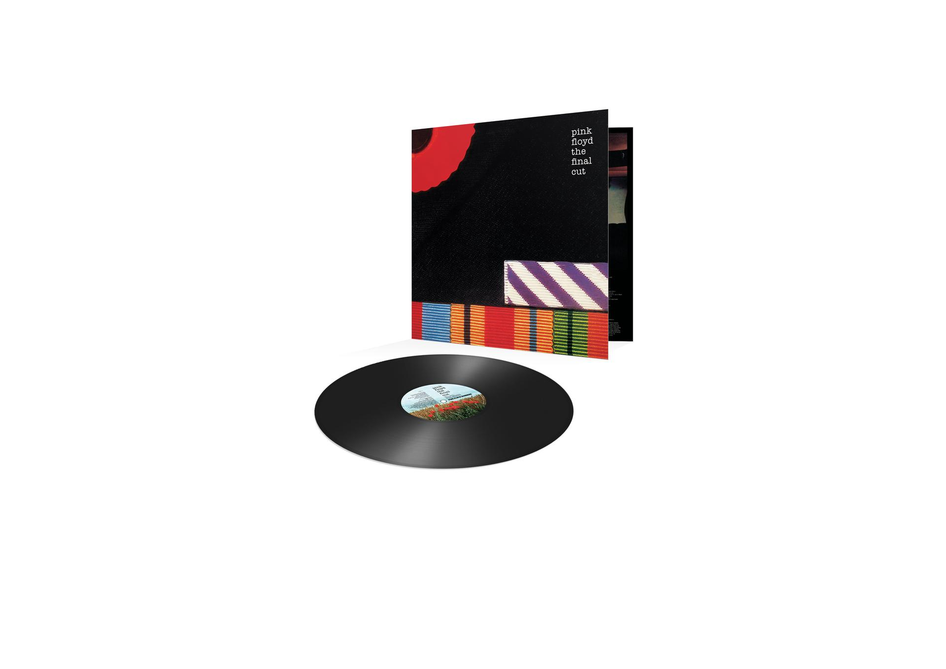 A Pink Floyd The Final Cut című albumának borítója. Egy fekete bakelit lemez a borító alatt, színes szalagokkal.