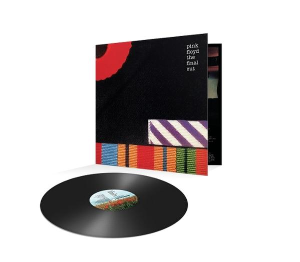 A Pink Floyd 'The Final Cut' című albumának borítója. Fekete borítót, szalagokat és egy bakelit lemezt mutat.