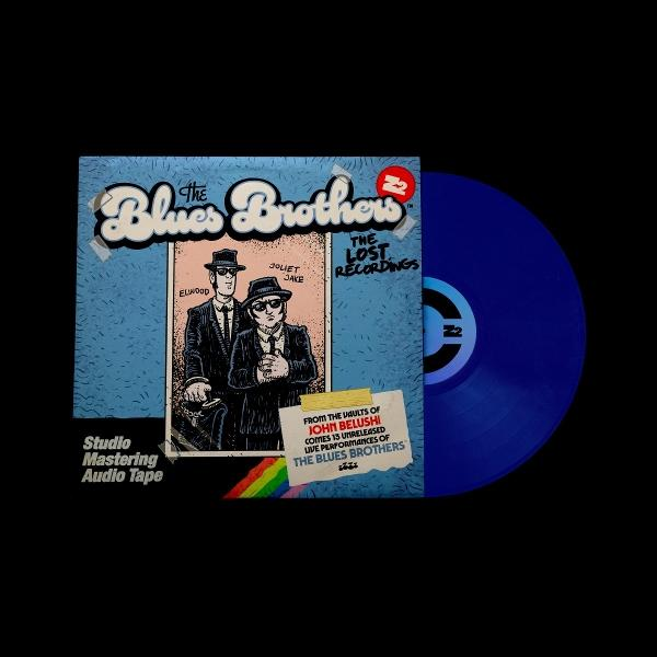Albumcover für The Blues Brothers 'The Lost Recordings' mit zwei Männern in Anzügen. Eine blaue Vinyl-Schallplatte ist sichtbar.