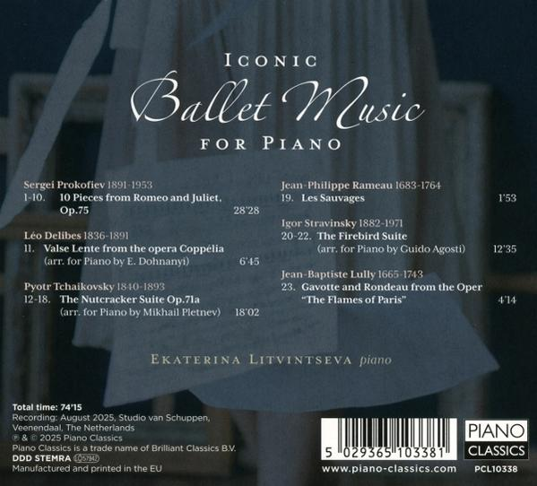 CD-Cover für 'Iconic Ballet Music for Piano'. Enthält eine Liste von Musikstücken, den Künstlernamen und das Piano Classics-Logo.