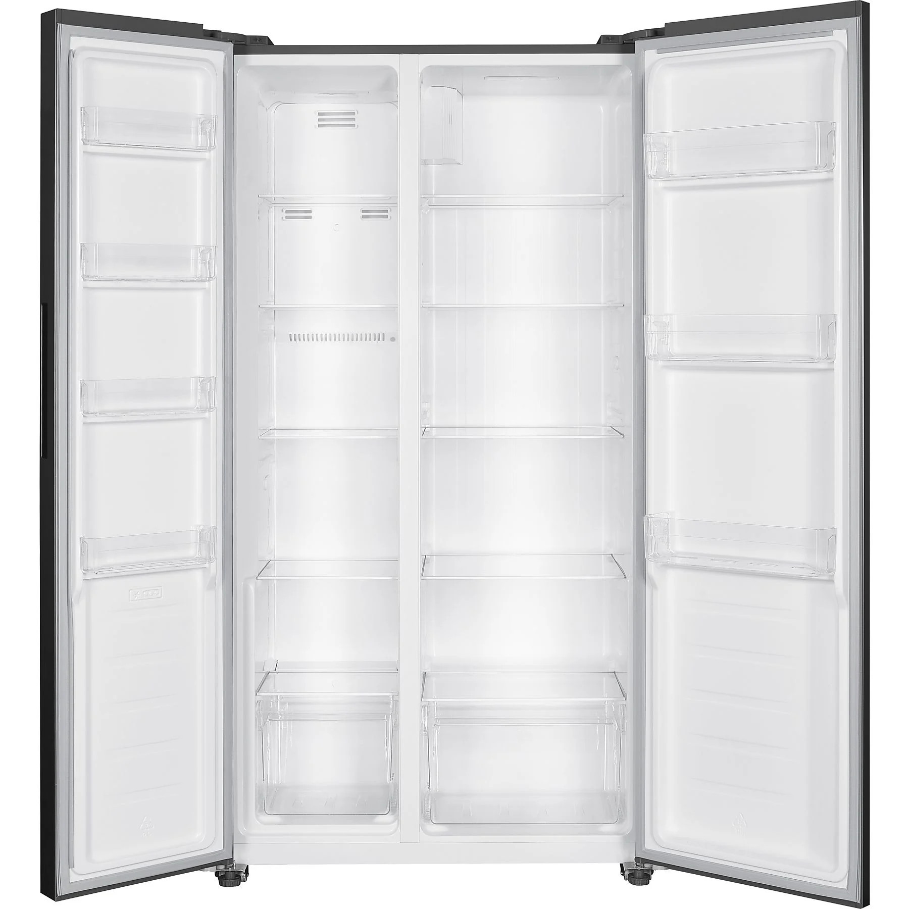 Otwarta czarna lodówka pokazuje puste półki i szuflady. Wnętrze jest białe. Drzwi są całkowicie otwarte.