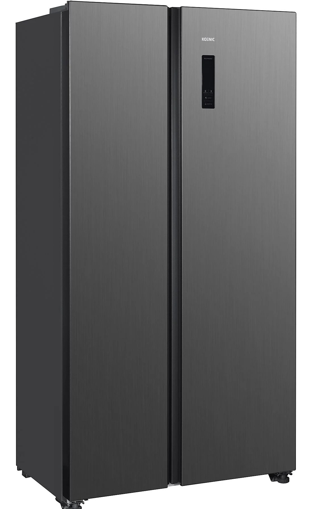 Ciemnoszara lodówka Koenic side-by-side. Ma dwoje drzwi, panel sterowania i stoi na małych kółkach.
