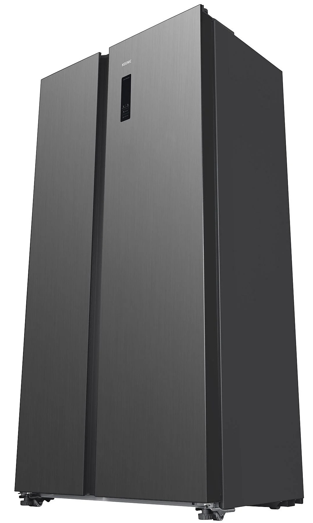 Ciemnoszara lodówka Koenic z dwiema drzwiami. Lodówka ma panel sterowania i stoi na metalowej podstawie.