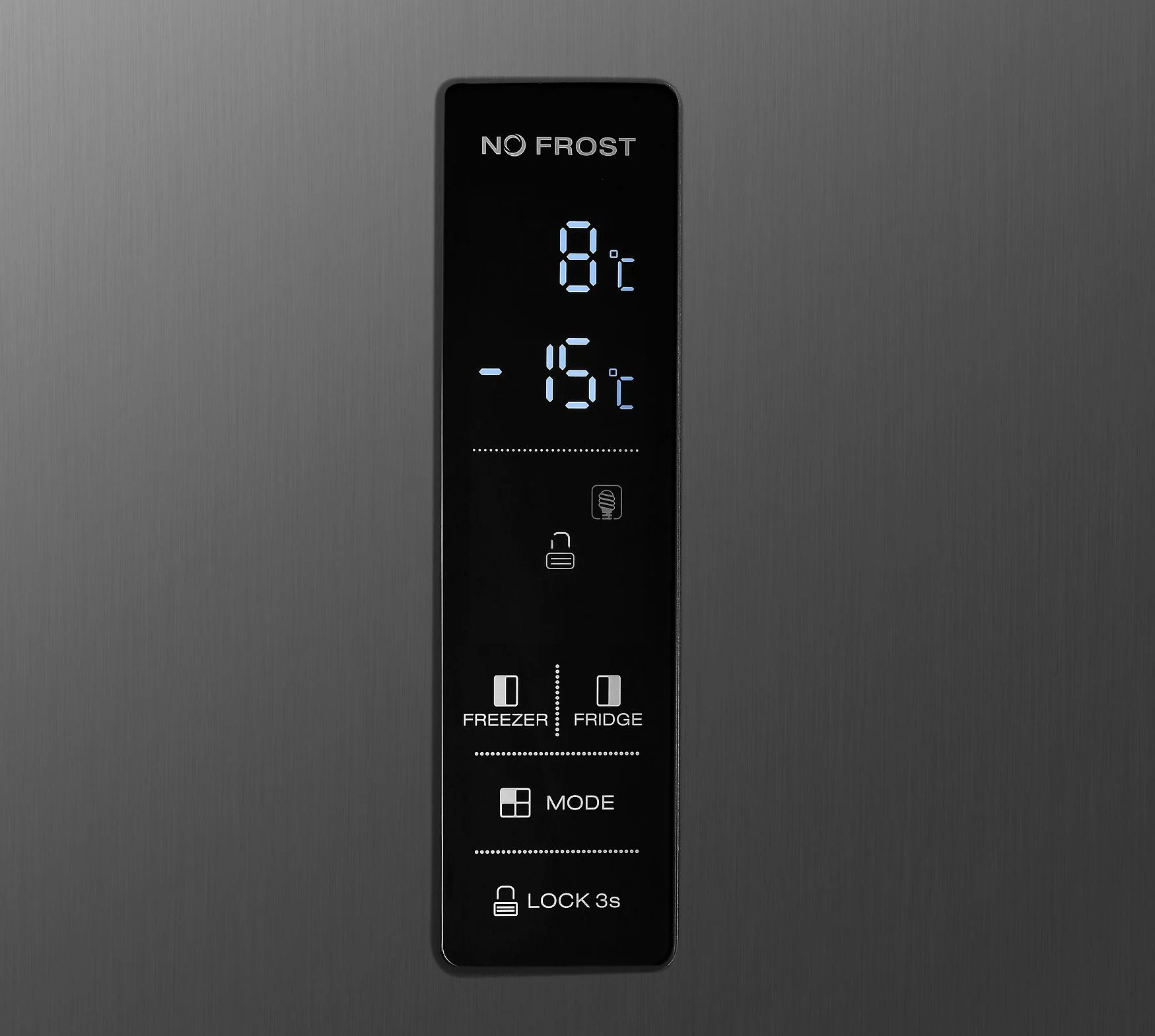 Czarne drzwi lodówki z wyświetlaczem cyfrowym pokazującym temperatury i opcje sterowania.