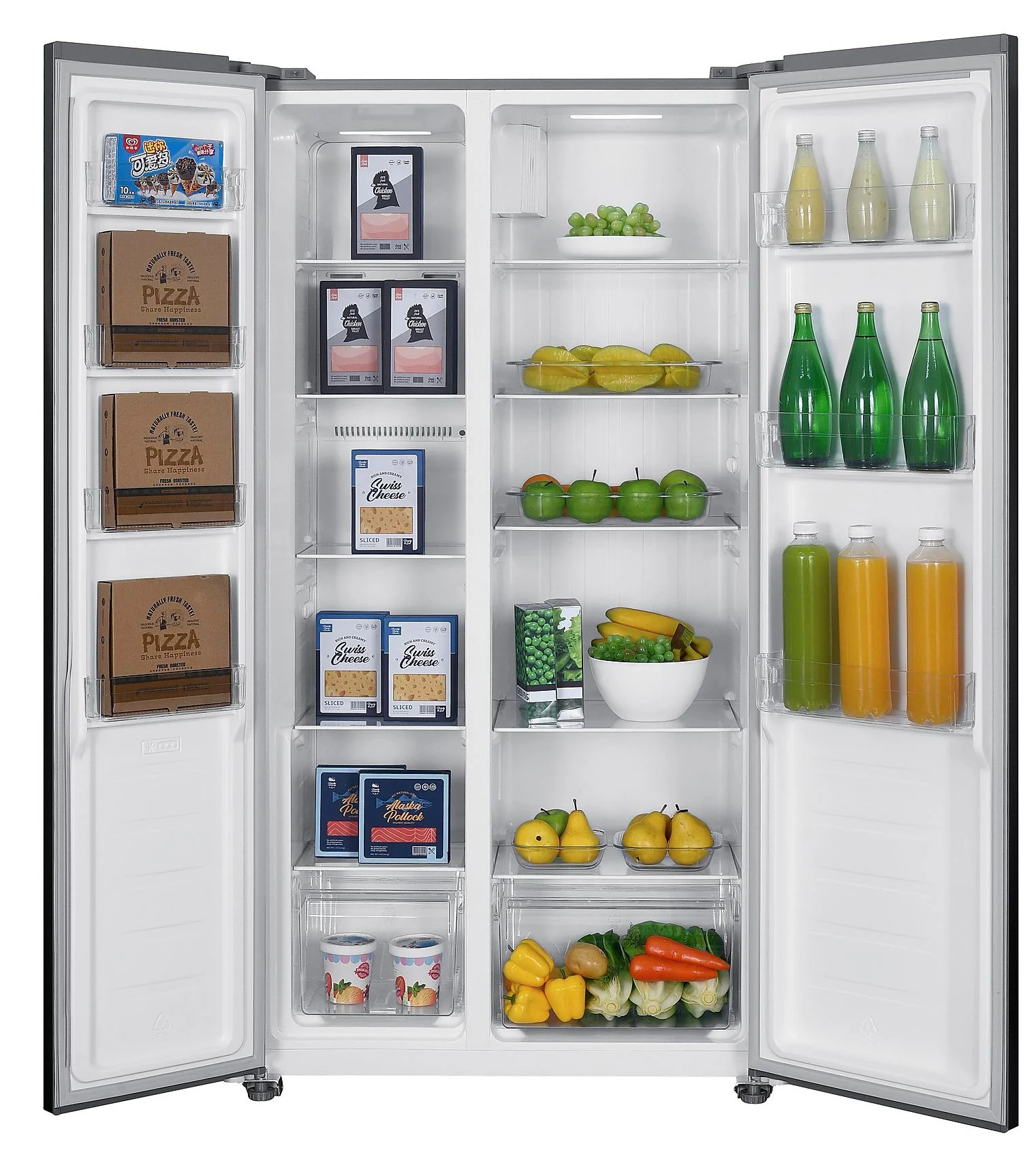 Otwarta lodówka, wypełniona produktami spożywczymi, takimi jak pudełka po pizzy, lody, ser, owoce, warzywa, soki i napoje butelkowane.