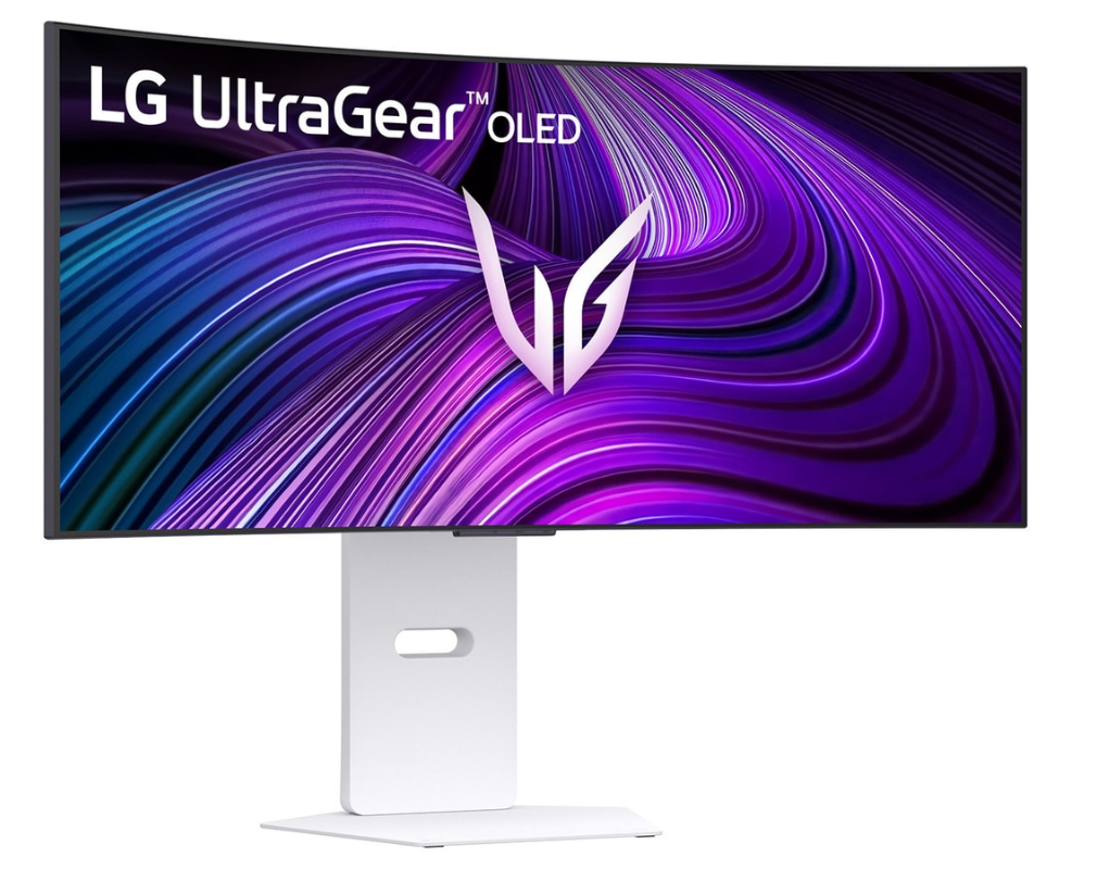 Kavisli LG UltraGear OLED monitör. Ekran mor ve mavi dönen bir tasarım gösteriyor. Dikdörtgen tabanlı beyaz stand.