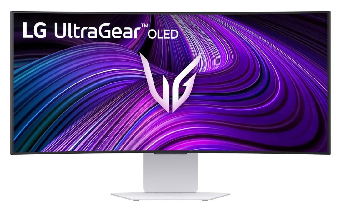 Kavisli LG UltraGear OLED monitör. Beyaz bir standı ve LG logosuyla mor ve mavi soyut bir arka planı var.