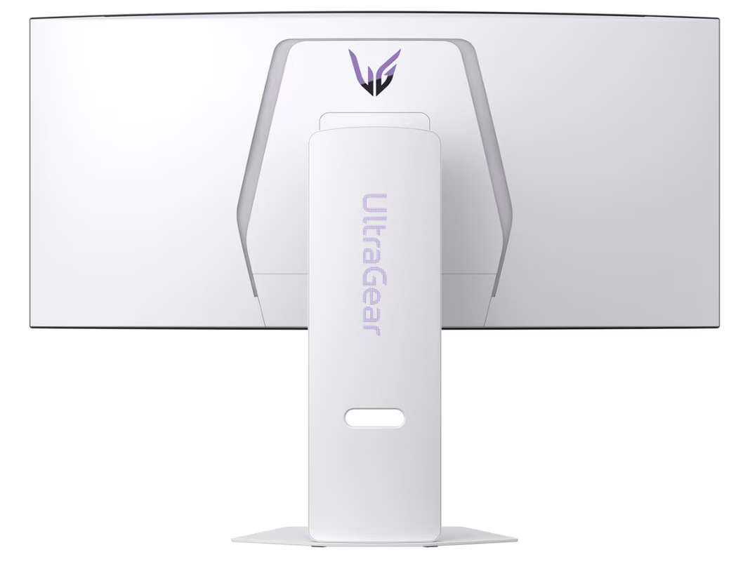 Beyaz bir LG UltraGear monitörün arkadan görünümü. UltraGear logolu bir standı var. Üstte LG logosu görülebilir.