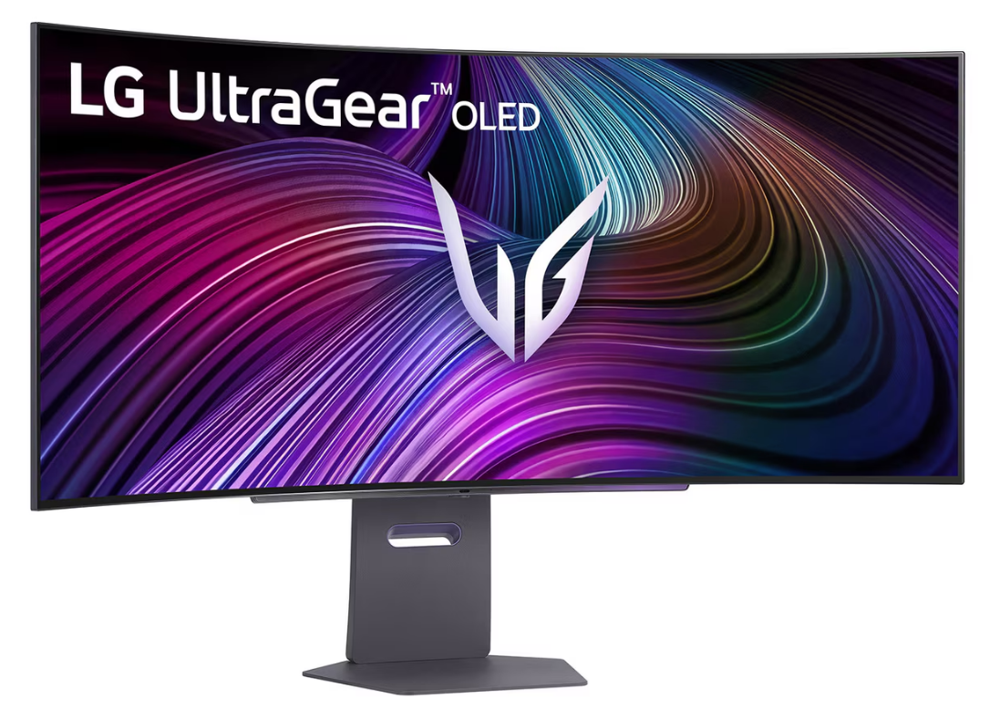 Kavisli LG UltraGear OLED monitör. Ekran, renkli, soyut bir tasarıma sahip. Monitör, koyu gri bir stand tarafından destekleniyor.