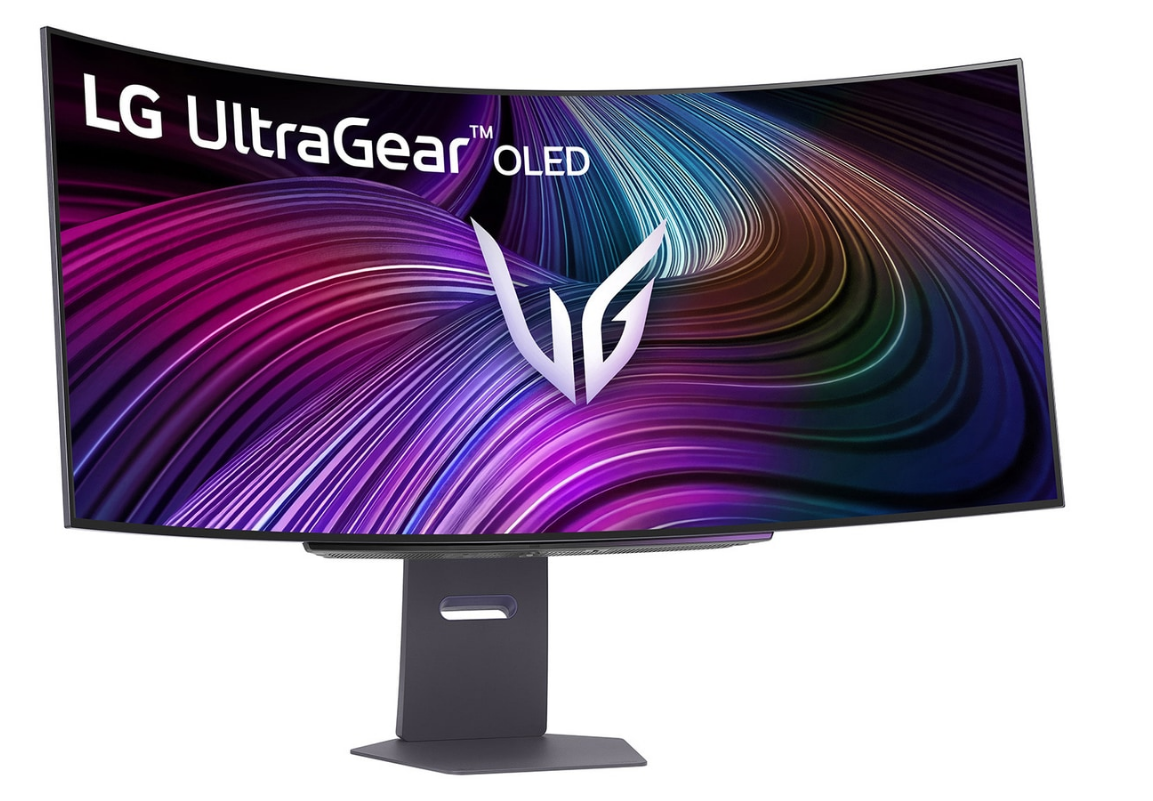 LG UltraGear OLED kavisli monitör. Ekran renkli soyut bir desen gösteriyor. Monitör gri bir stand üzerine monte edilmiştir.